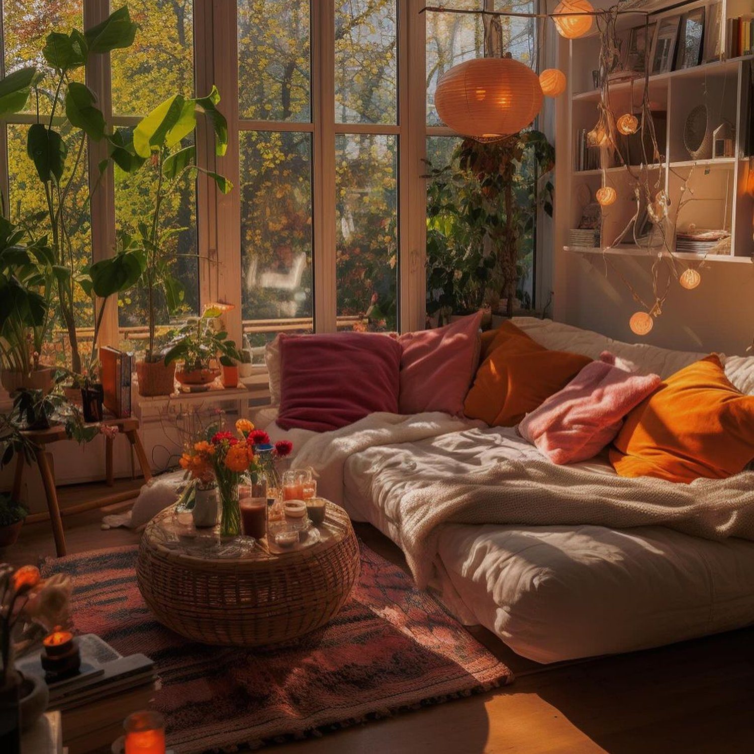 Cozy living room with warm sunlight