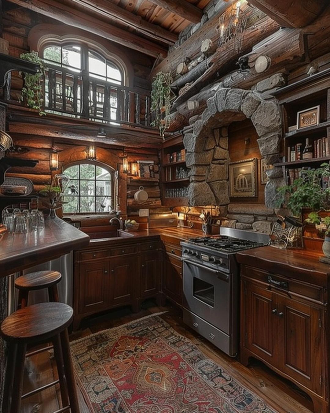 Cozy log cabin kitchen with stone archway and modern appliances