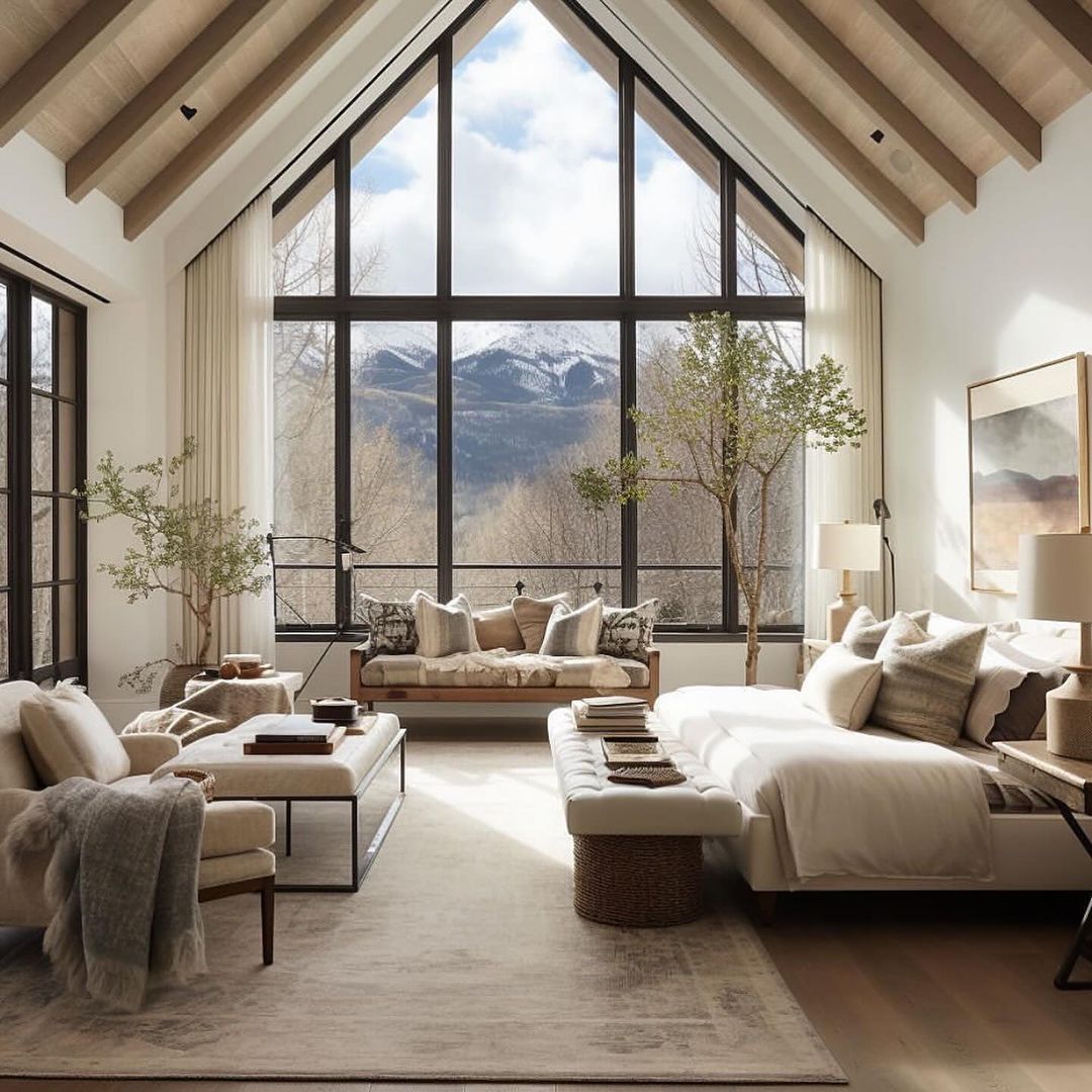 Cozy mountain-view bedroom with a vaulted ceiling and large windows