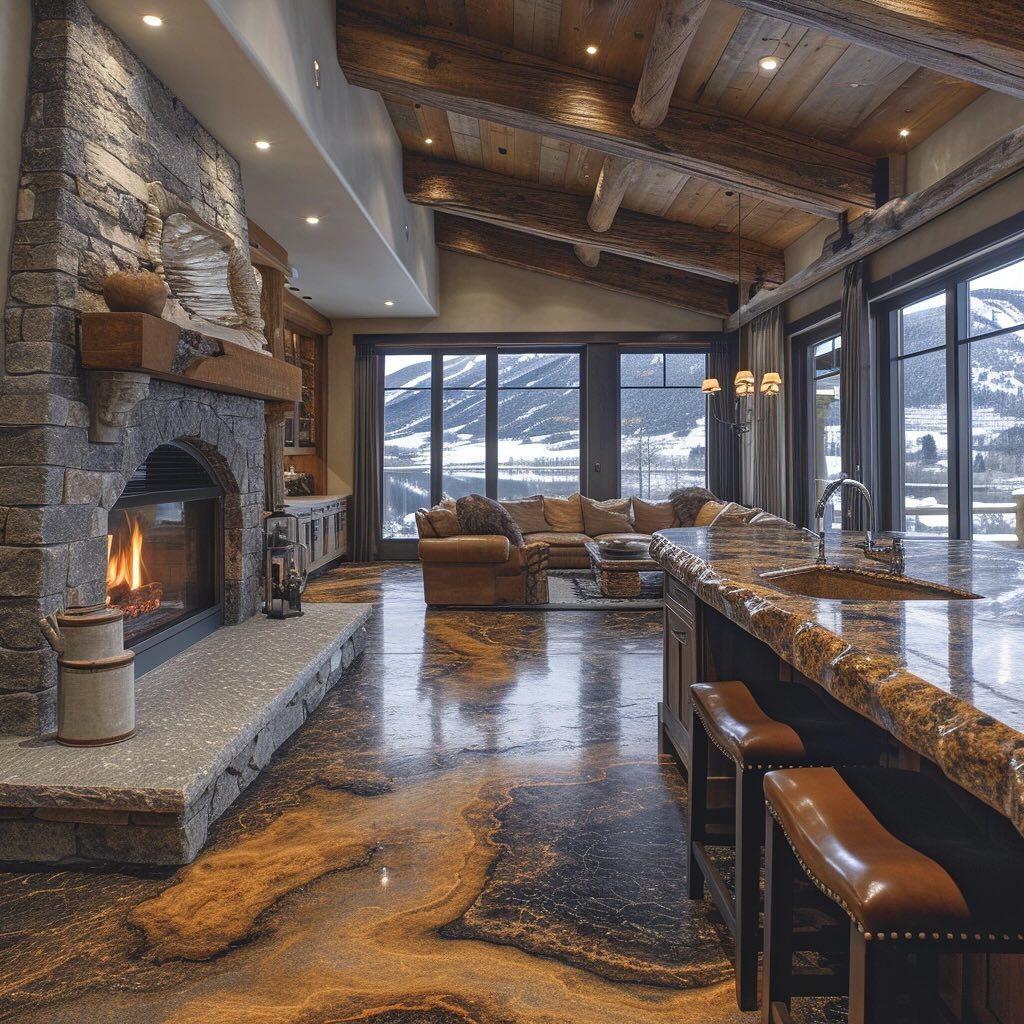 A cozy mountain cabin-style kitchen with panoramic windows