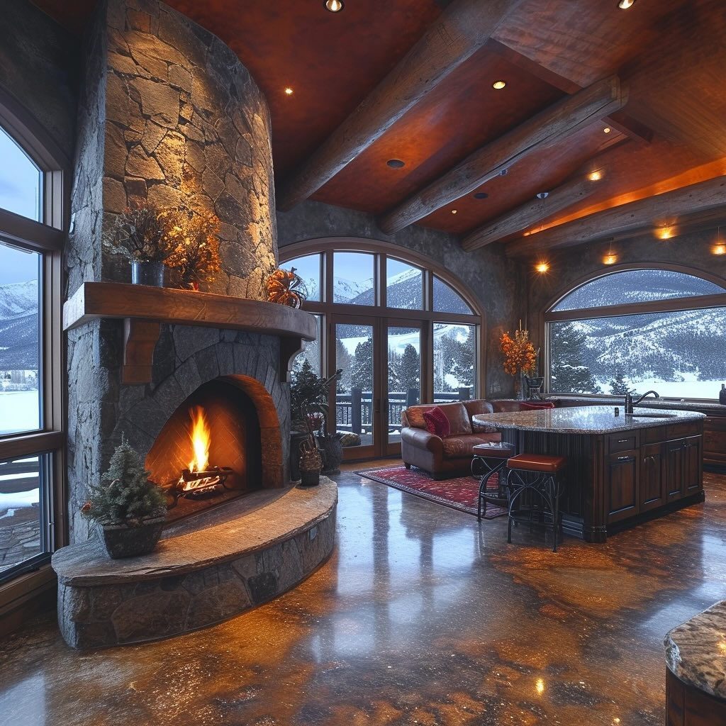 A cozy mountain cabin living room with a grand stone fireplace and expansive windows showcasing snowy peaks