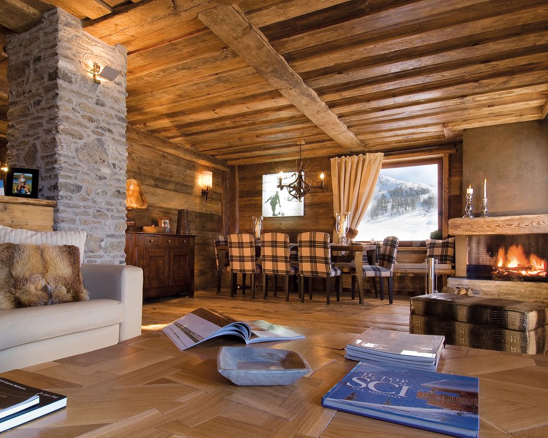 Cozy mountain cabin interior with a warm fireplace