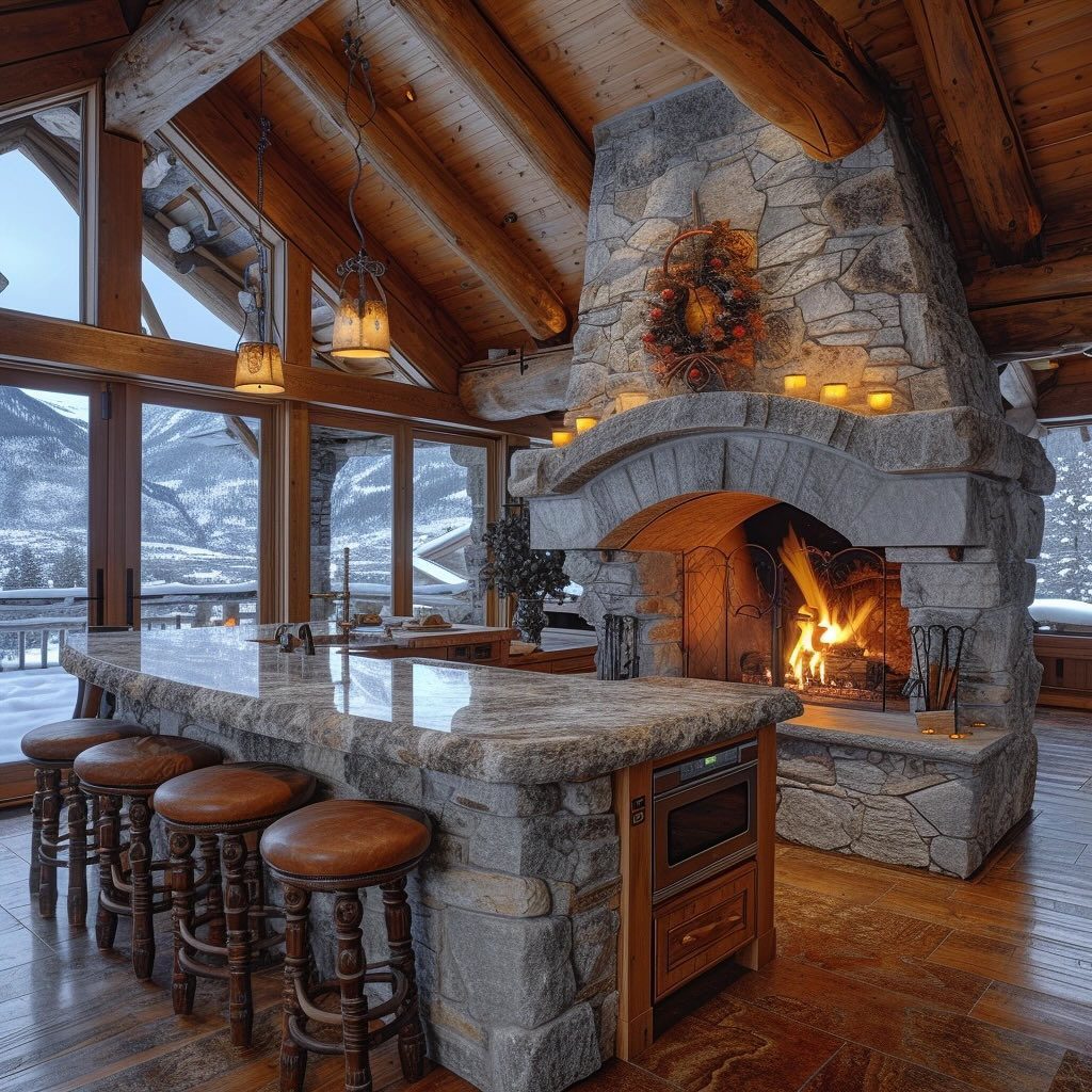 Cozy mountain home kitchen with fireplace