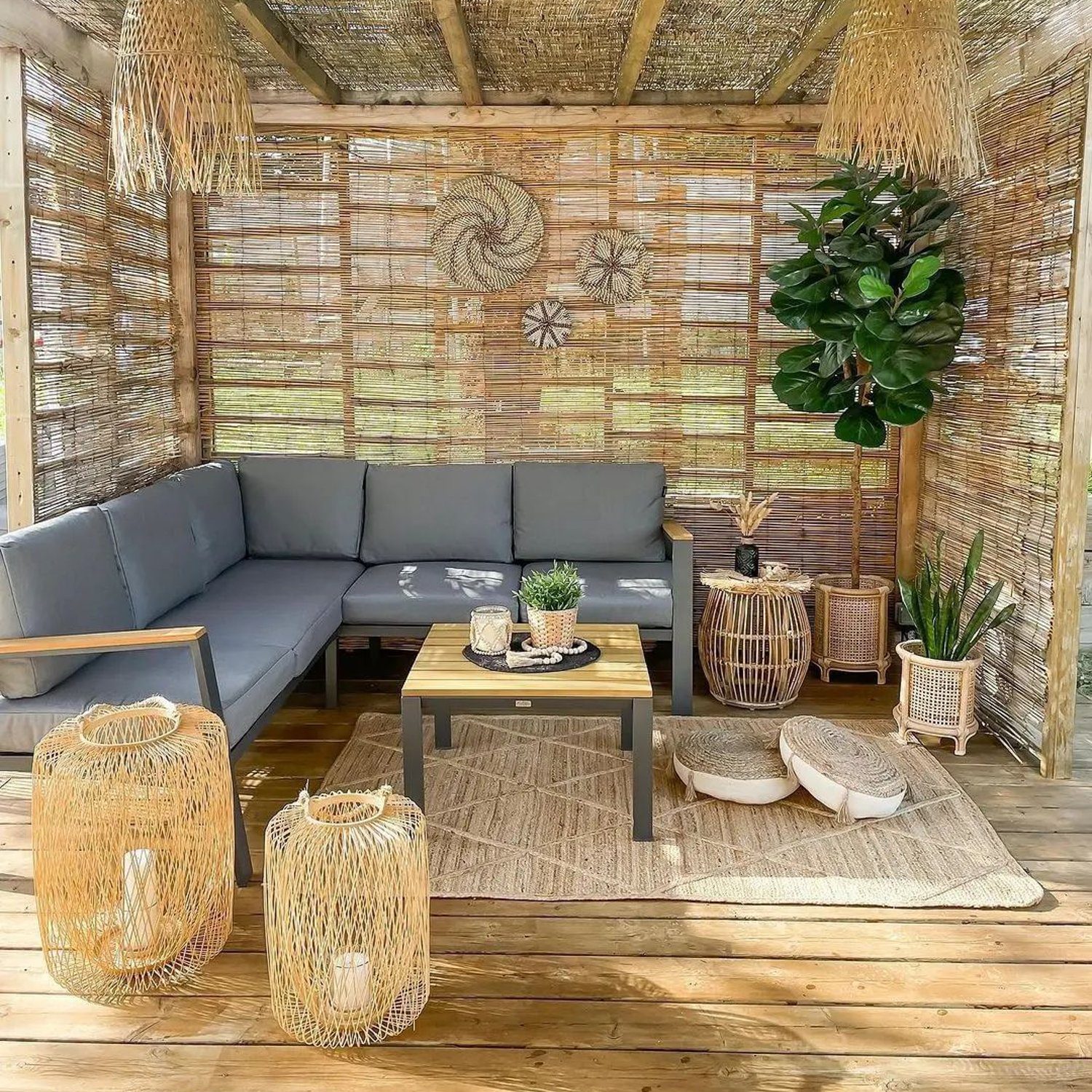 A cozy outdoor lounge area with natural textures