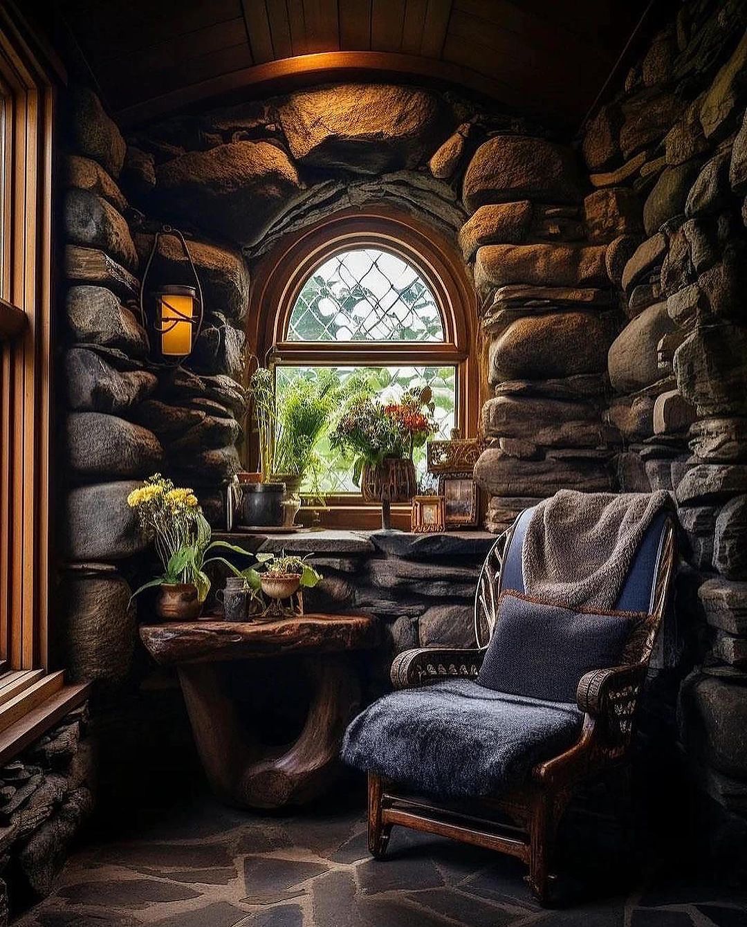 Cozy stone corner with natural light and rustic wooden furniture.