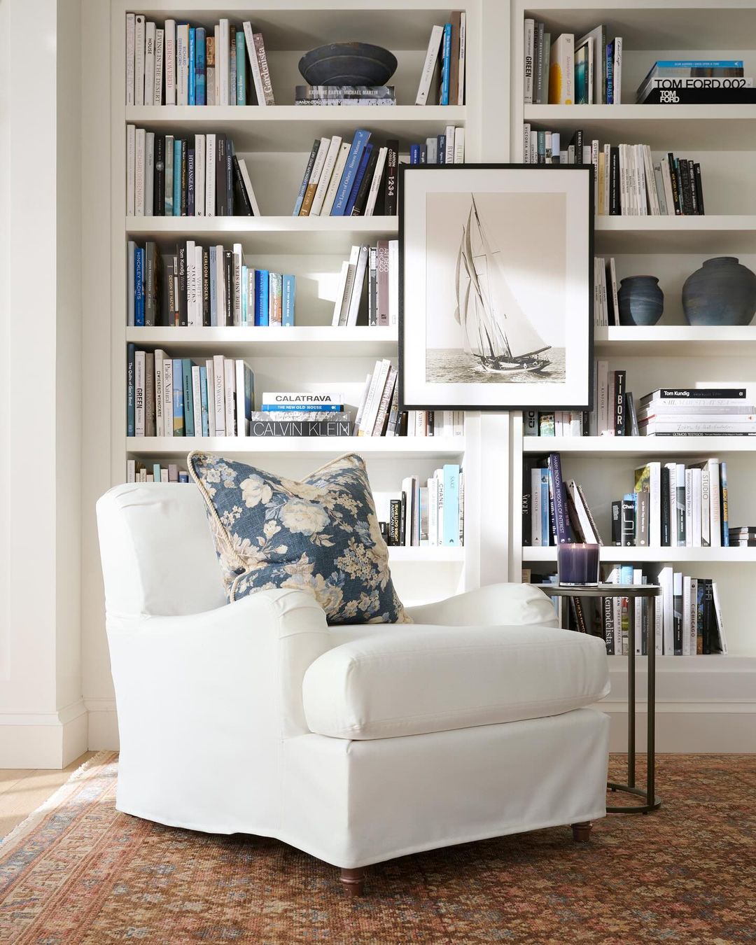 Cozy reading nook with ample shelving