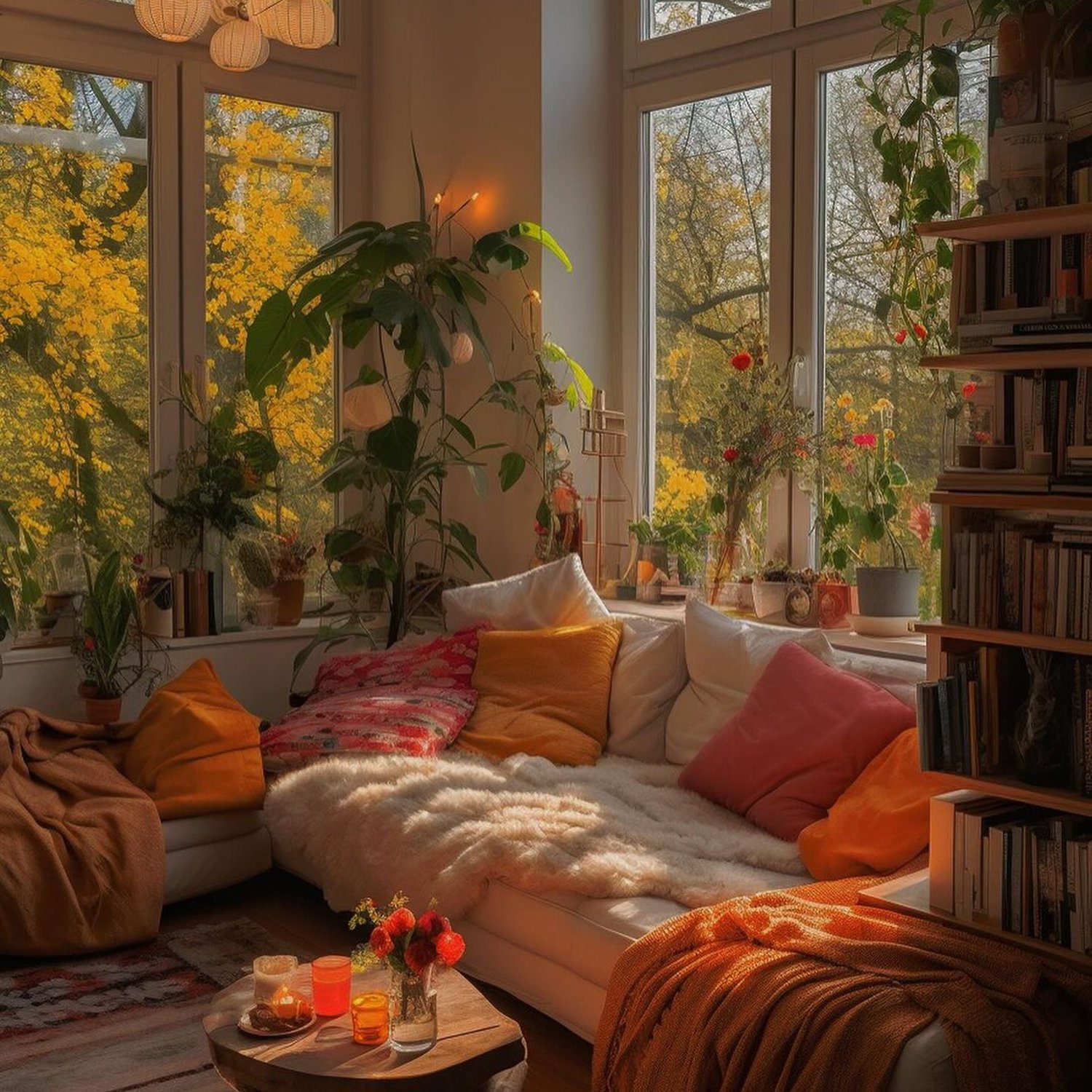 Cozy autumnal living room with warm sunlight