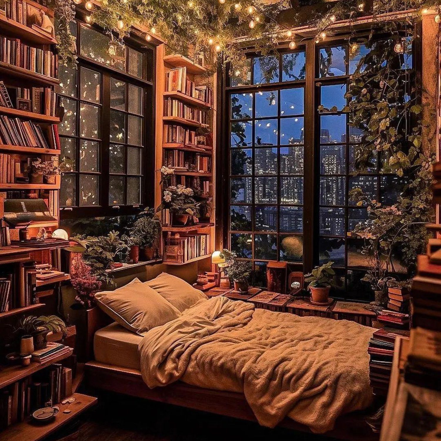 A cozy reading nook with a bed nestled among bookshelves and twinkling lights