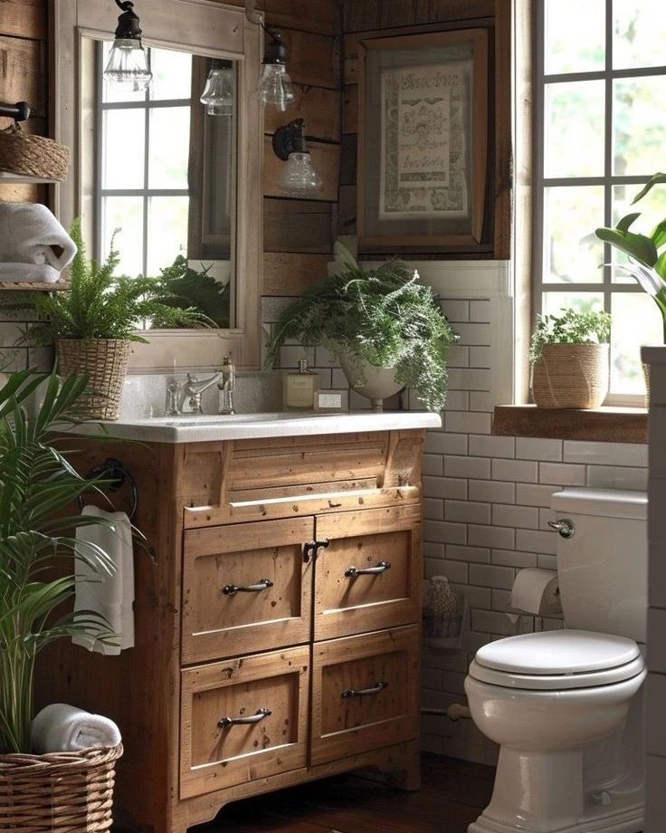 A cozy rustic bathroom featuring an assortment of natural textures and greenery.