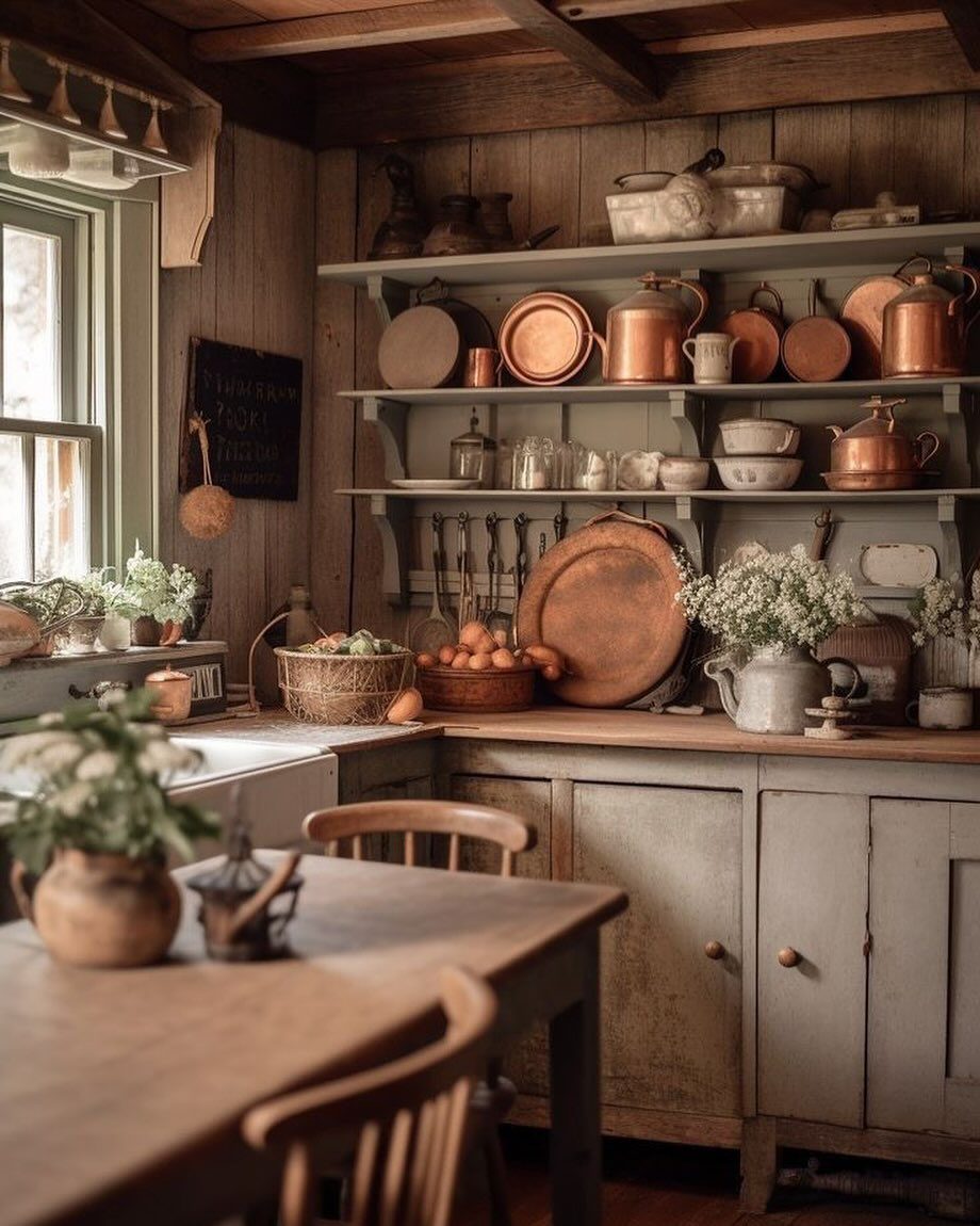 A rustic kitchen with copper cookware