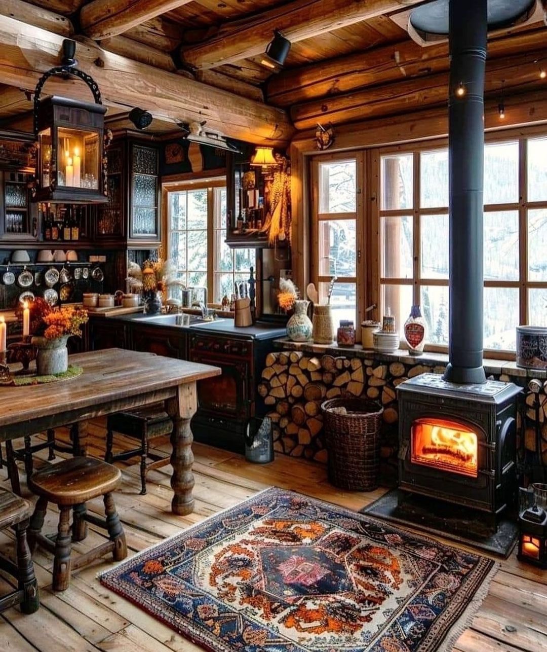 Cozy rustic kitchen with a wood-burning stove