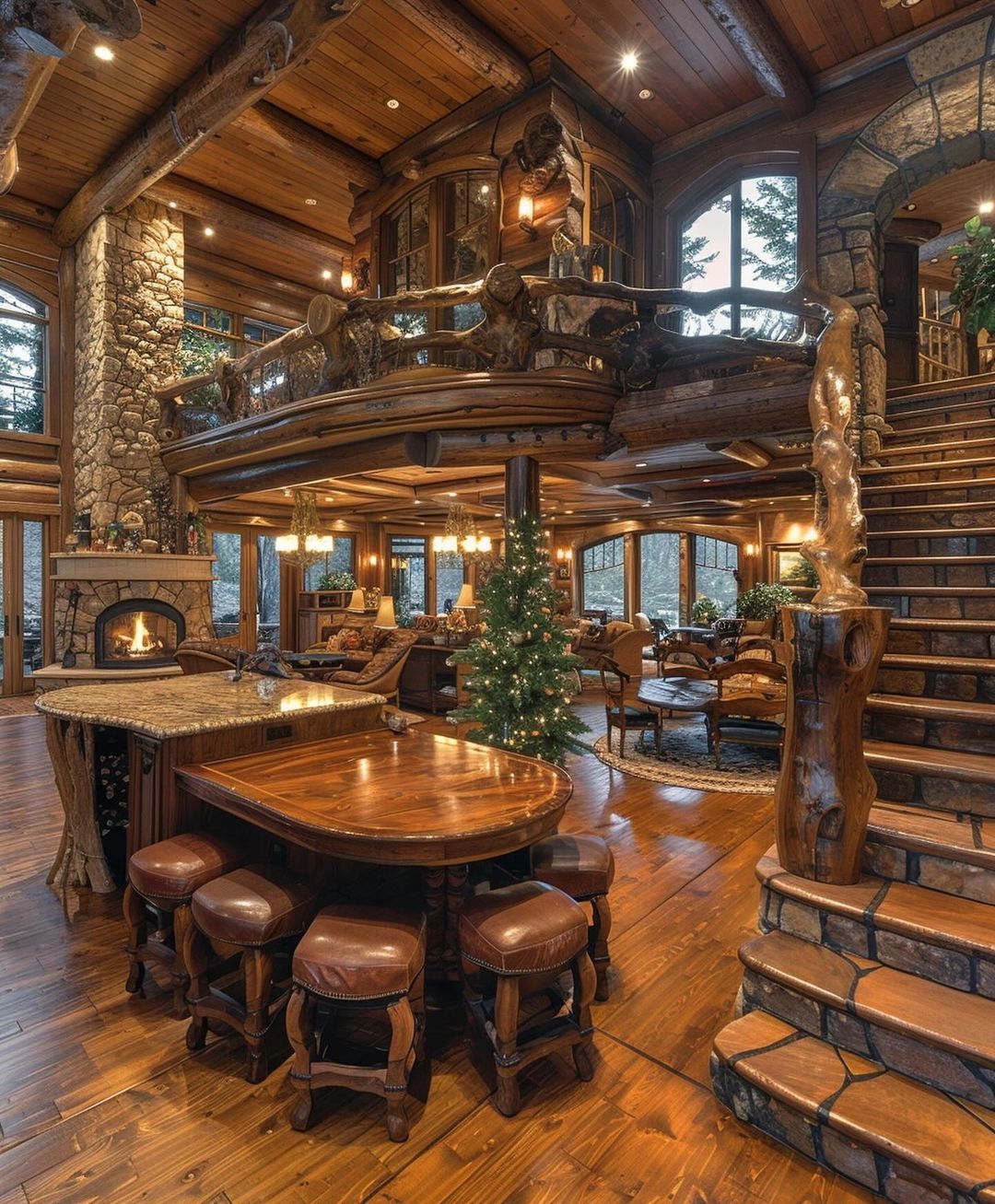 A cozy and rustic lodge interior featuring a warm fireplace, wooden details, and a festive Christmas tree