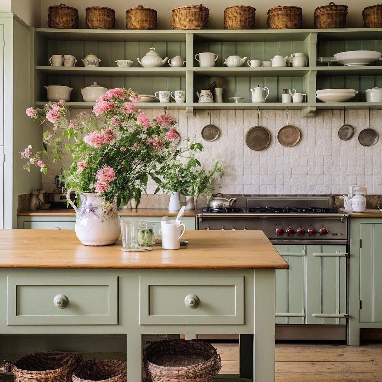 A cozy kitchen space with sage-green cabinetry and open shelves filled with wicker baskets and white crockery