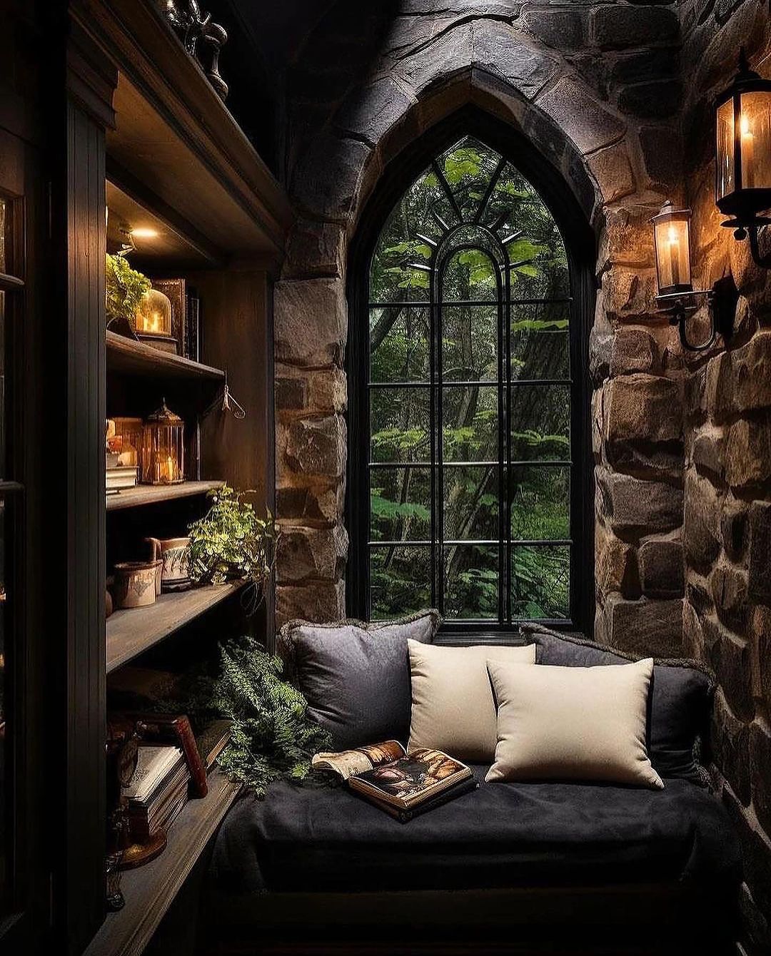 Cozy Reading Nook with Gothic Window