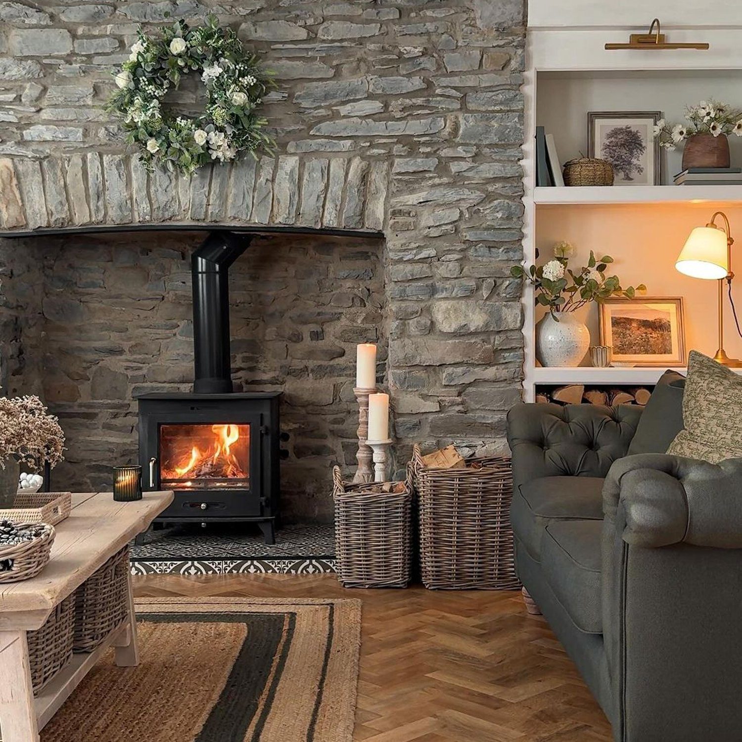 Cozy living room with a stone fireplace