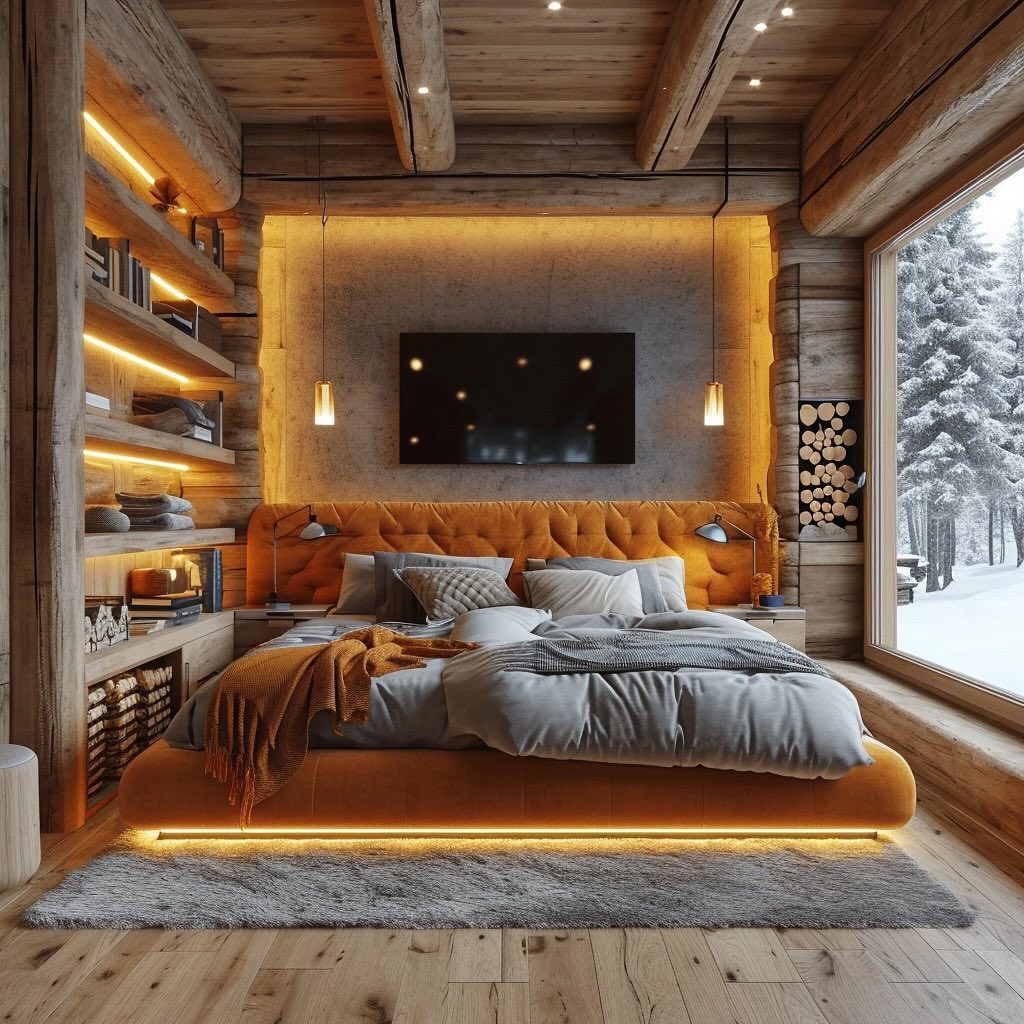 Cozy cabin-style bedroom with a large window view of a snowy landscape