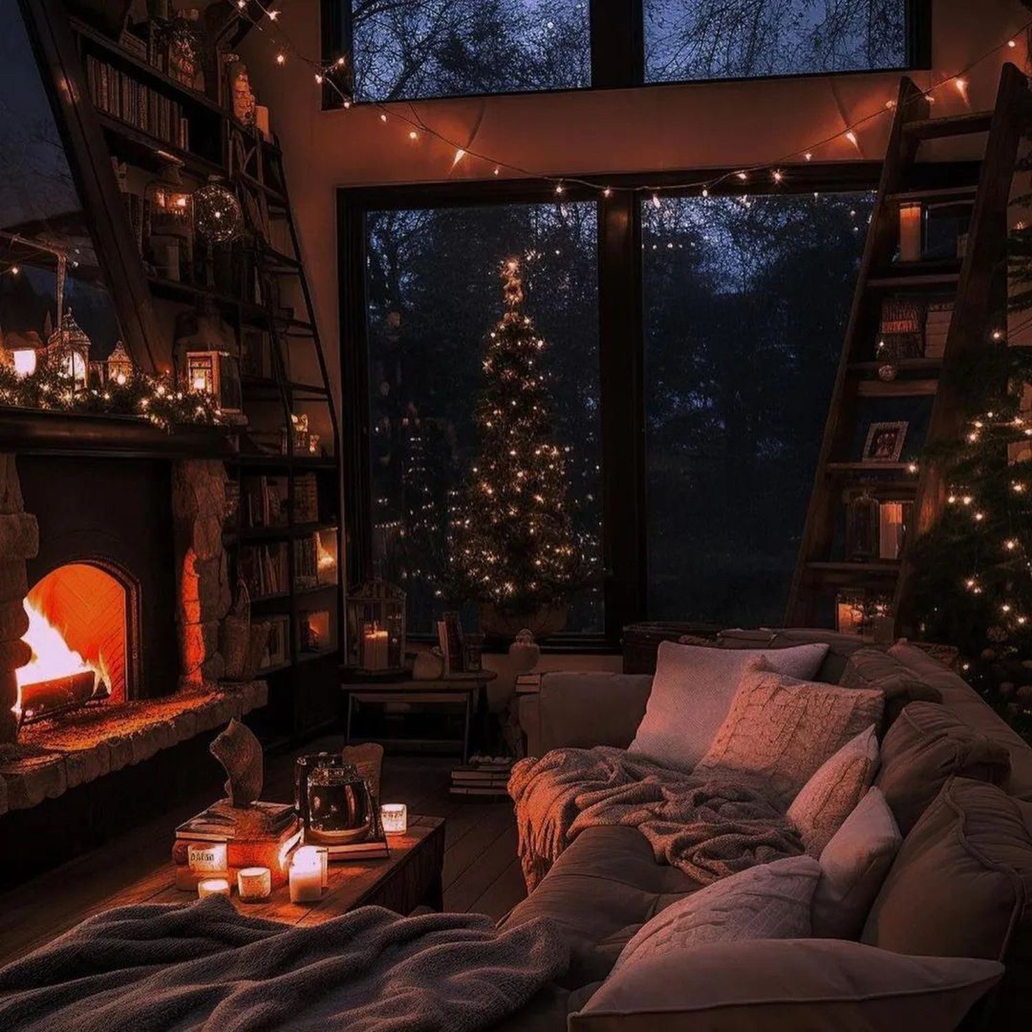 A cozy winter evening in a luxurious cabin living room