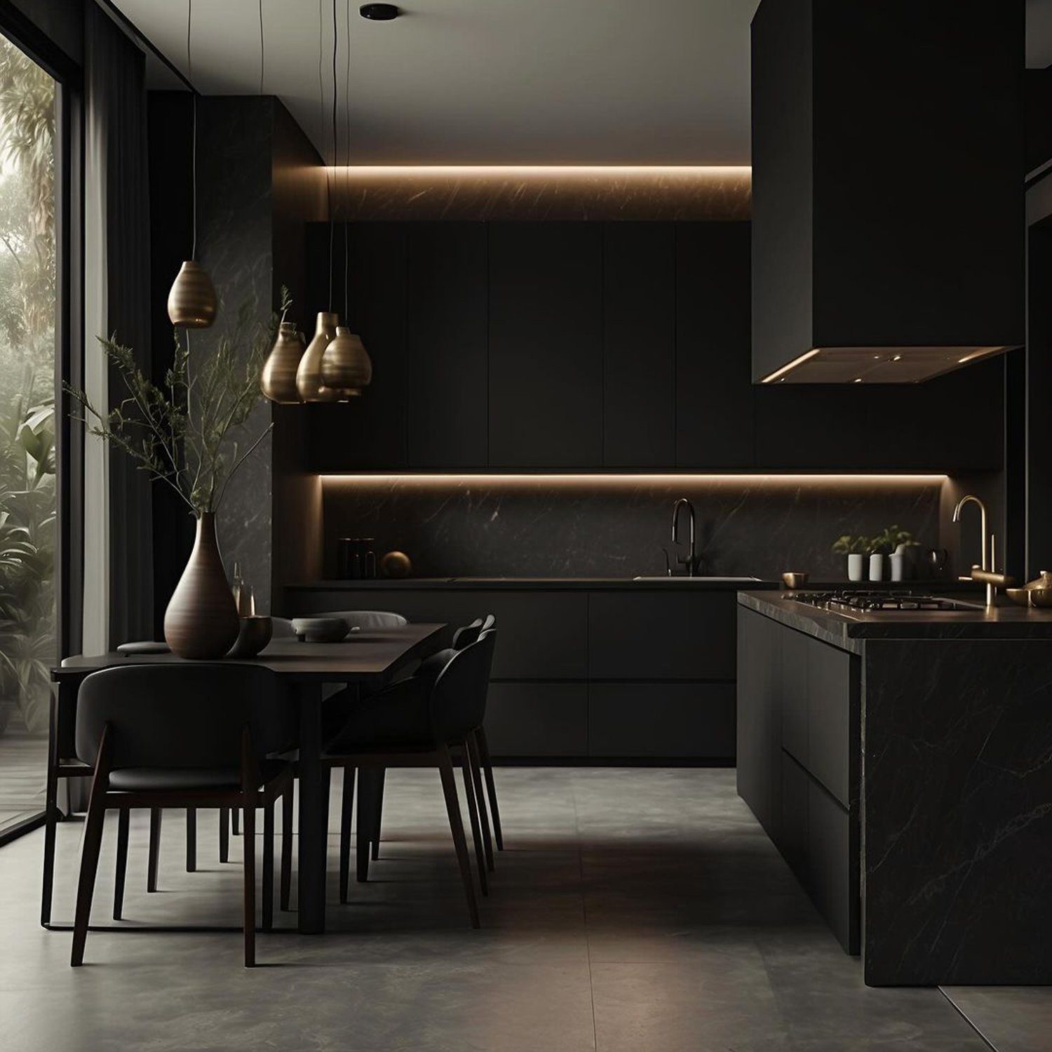 Elegant and sophisticated kitchen design featuring dark tones and sleek surfaces