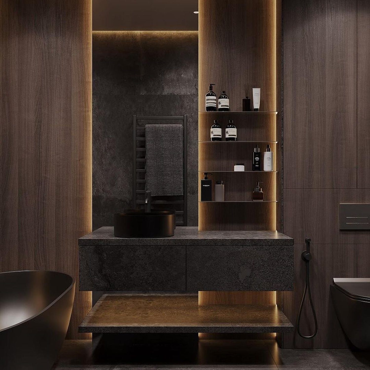 Luxurious Dark-Wood Bathroom with Stone Accents