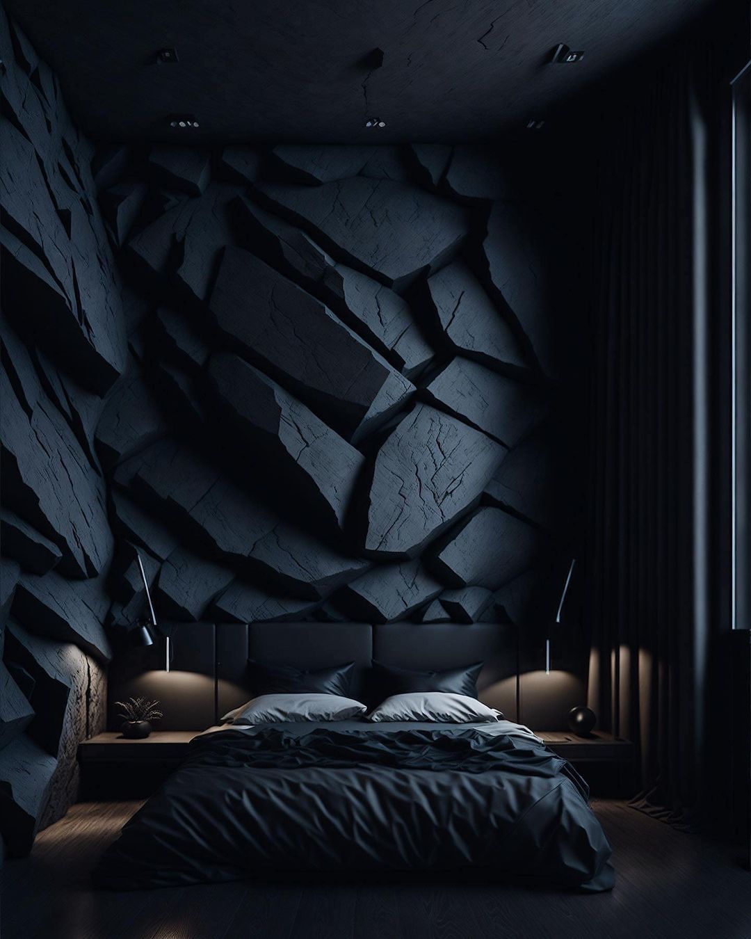 A modern bedroom featuring an artistic wall design