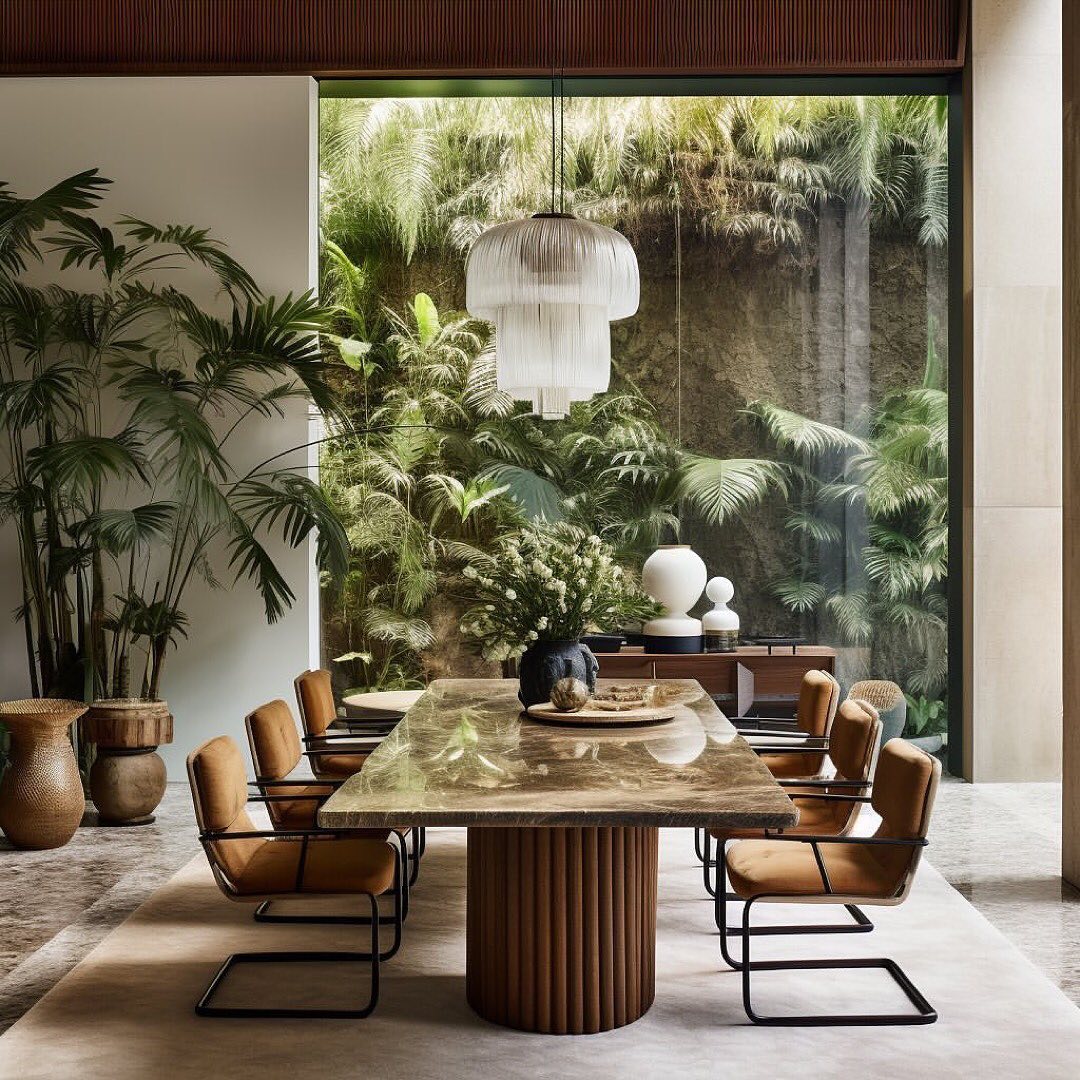 A modern dining area with a lush tropical view