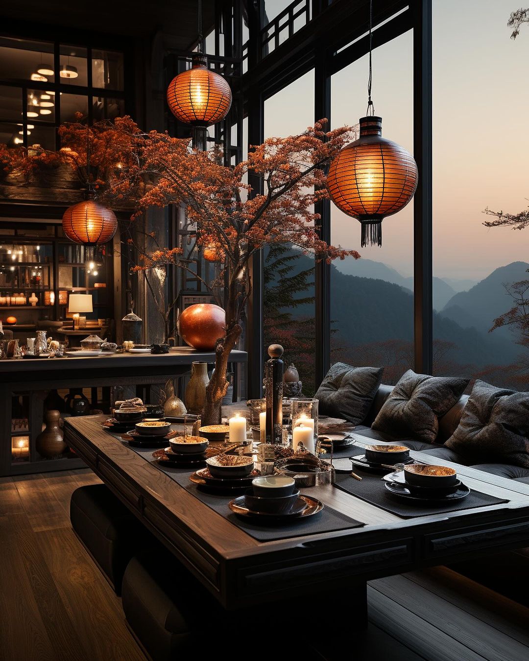 A serene dining setting with a view of autumn mountains