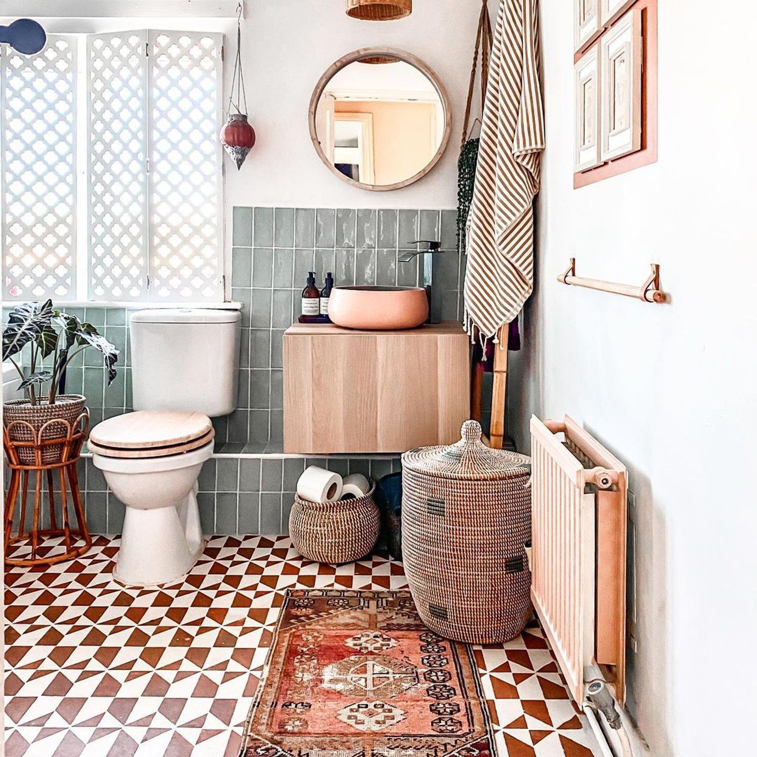 A stylish bathroom featuring a mix of textures