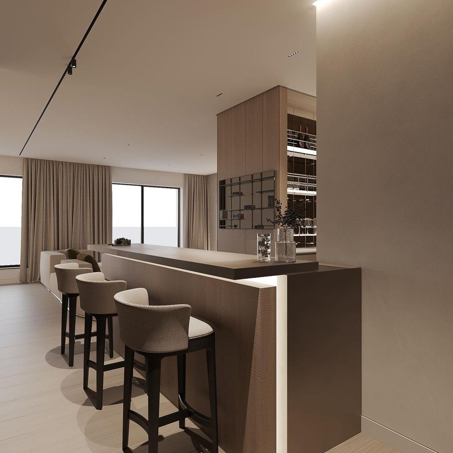 Modern minimalistic kitchen design with clean lines and a neutral color palette.