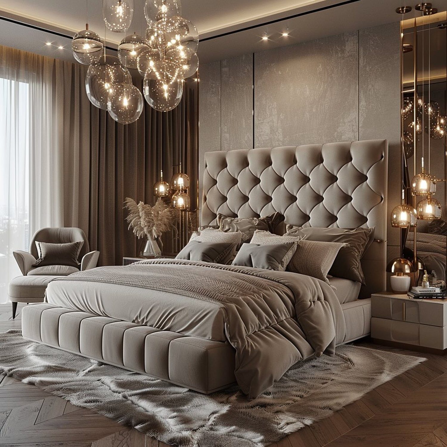 Luxurious bedroom with plush gray tones