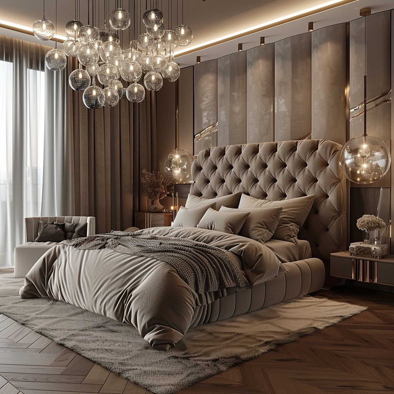 Luxurious Bedroom with Elegant Pendant Lights