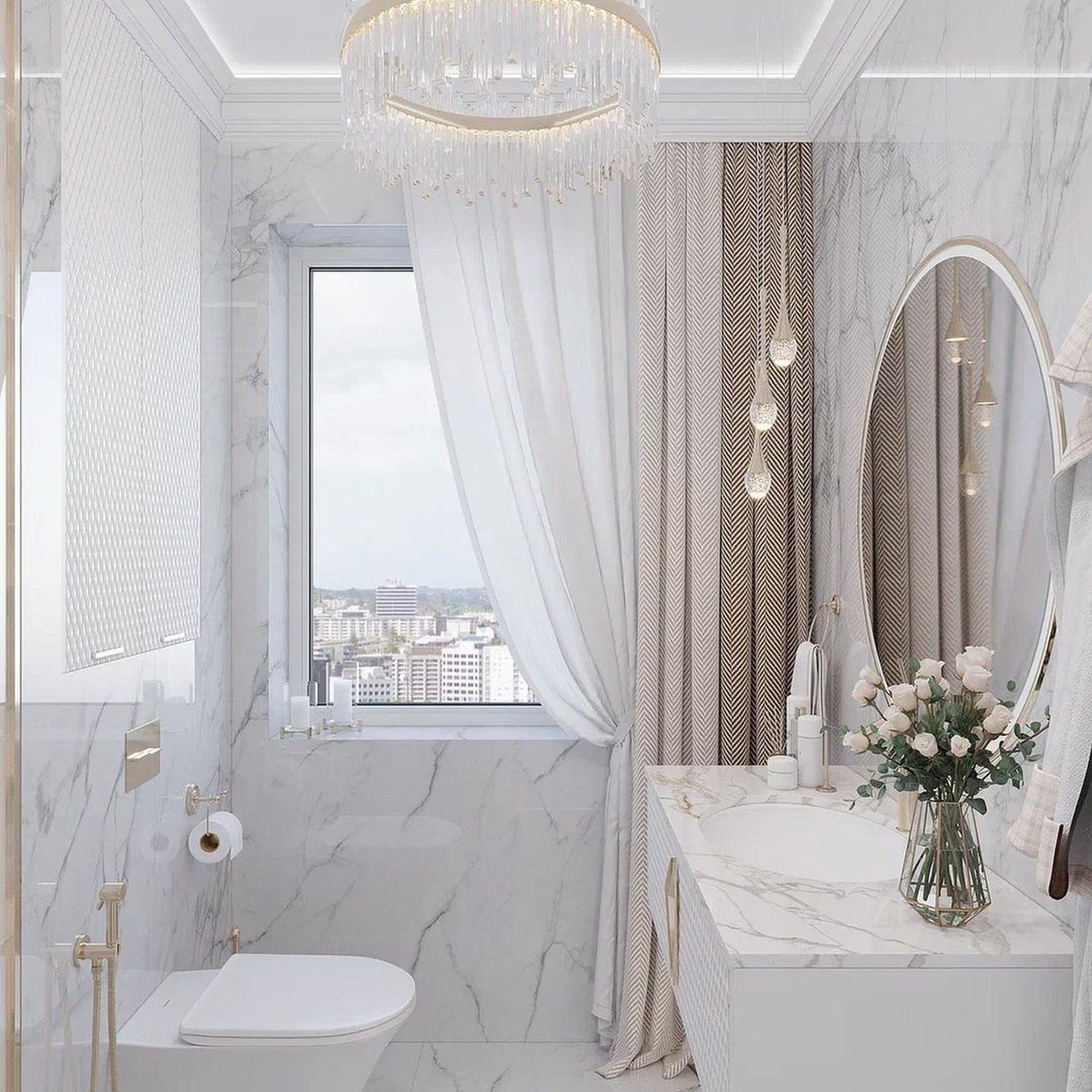 Luxurious marble bathroom with city view