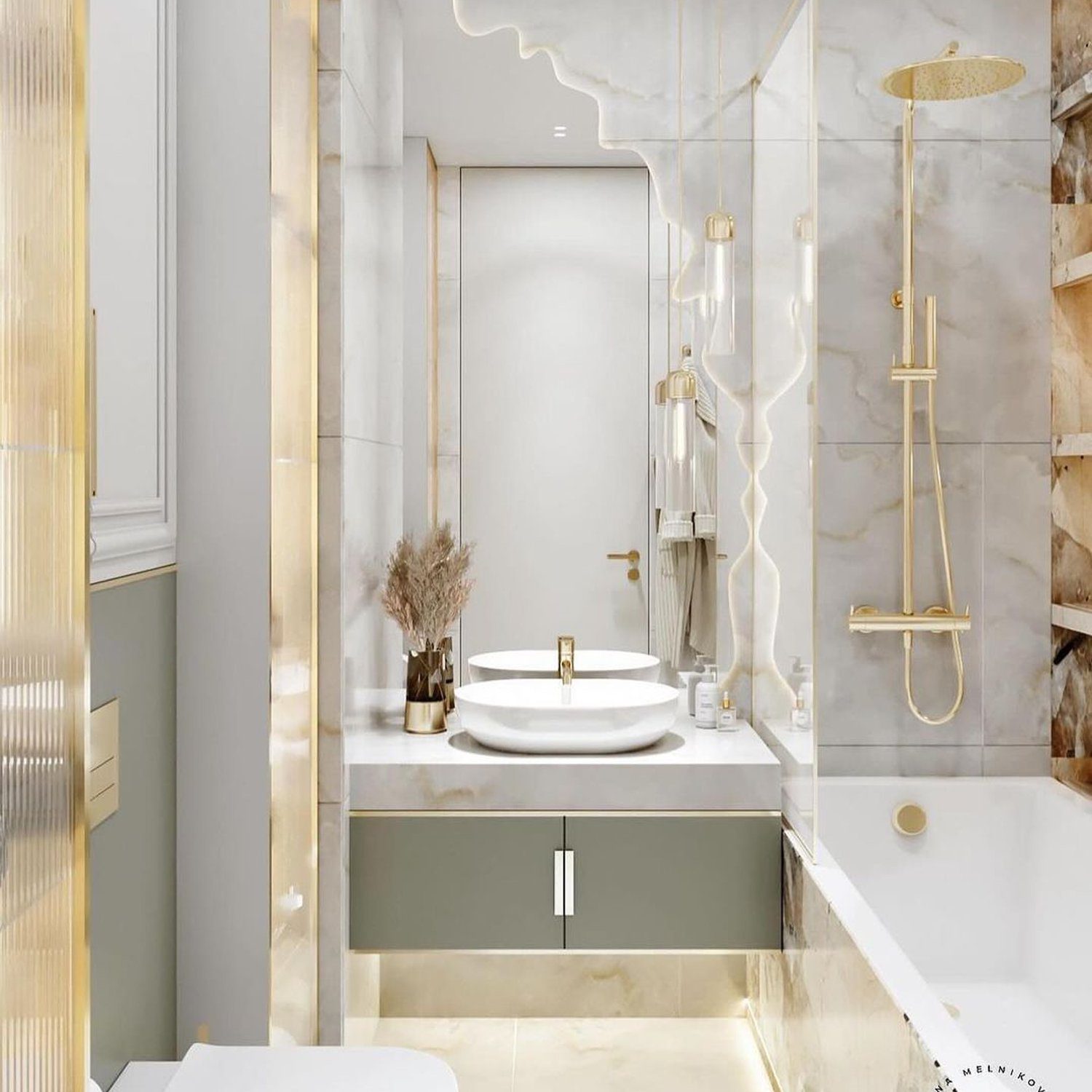 Luxurious bathroom with marble accents and gold fixtures