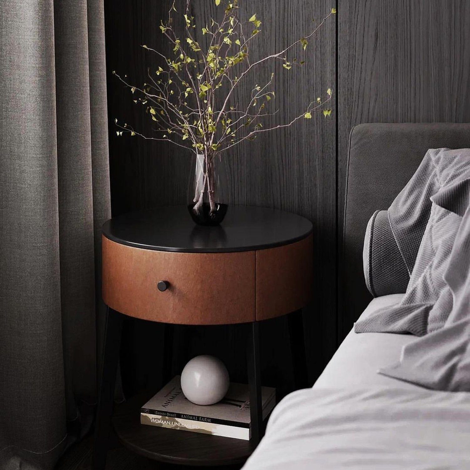 Elegant bedside setting featuring a modern nightstand