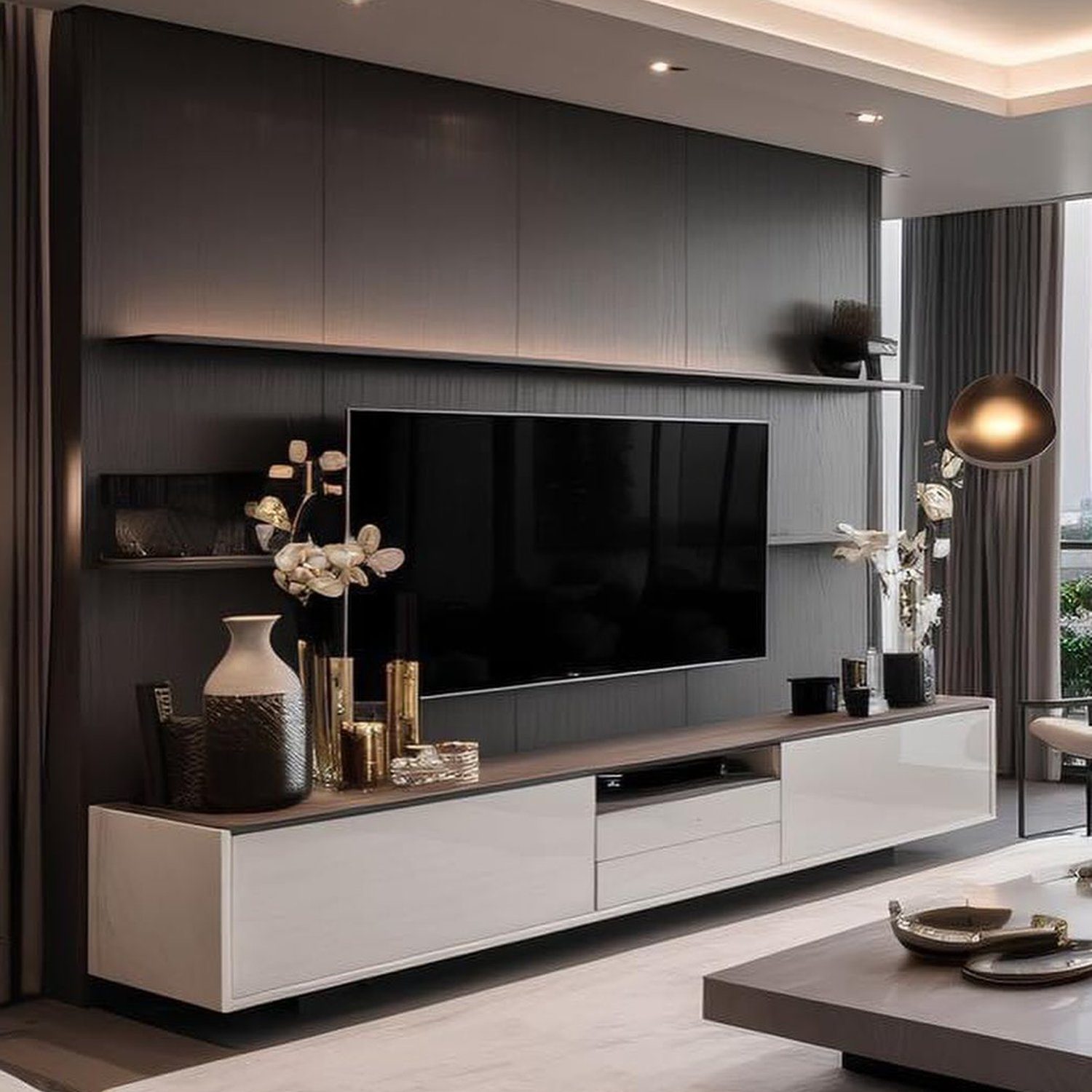 Elegant modern living room featuring sleek design with a dark palette