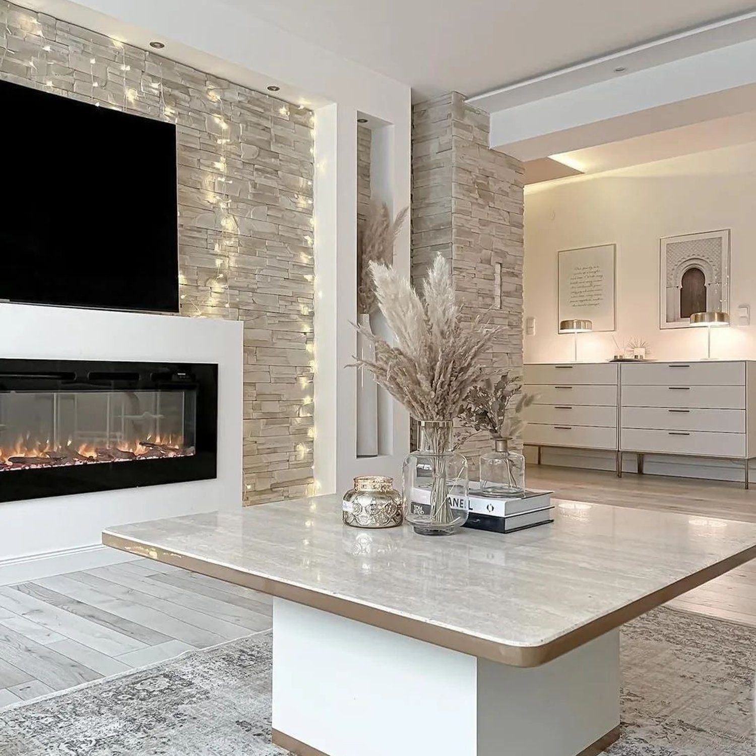 Elegant and modern living room with a fireplace