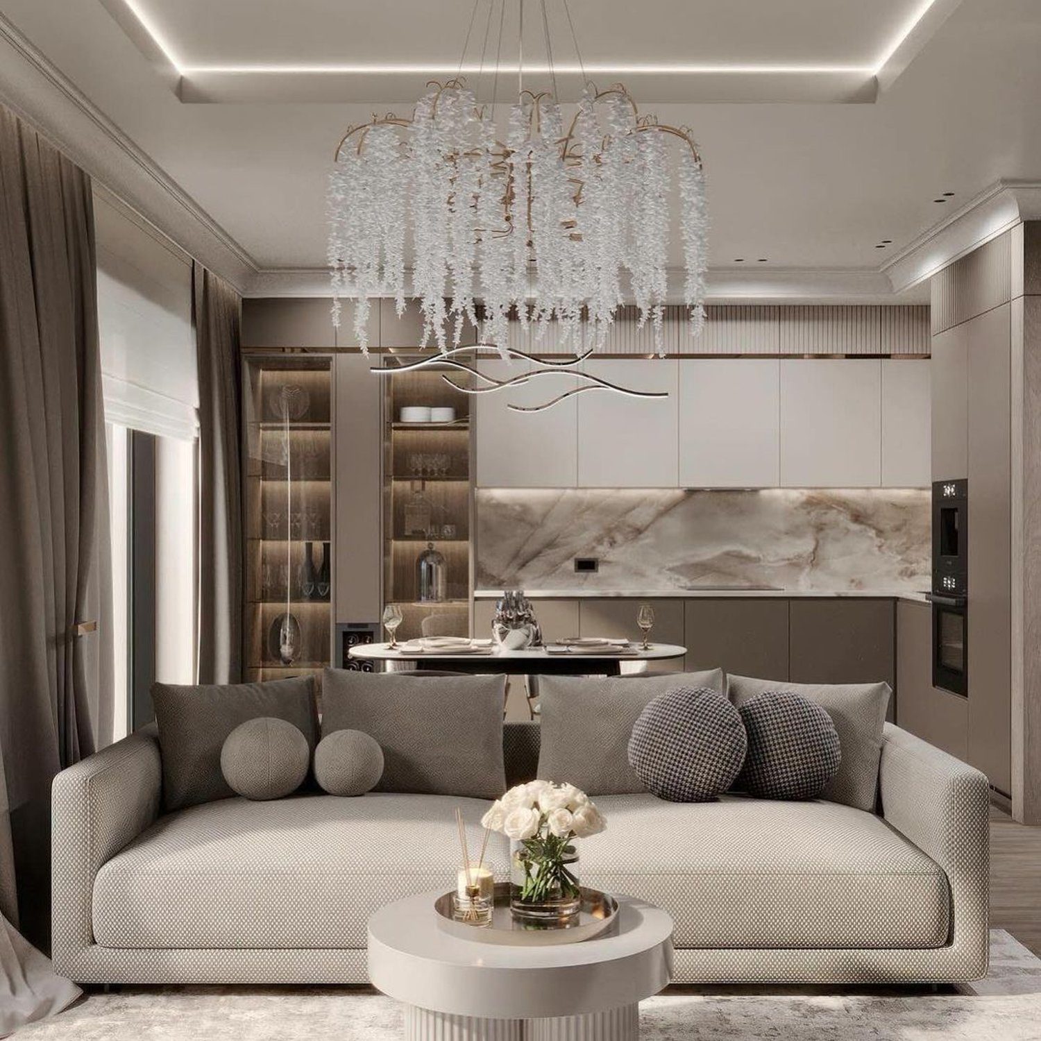 Elegant and modern living room with neutral tones