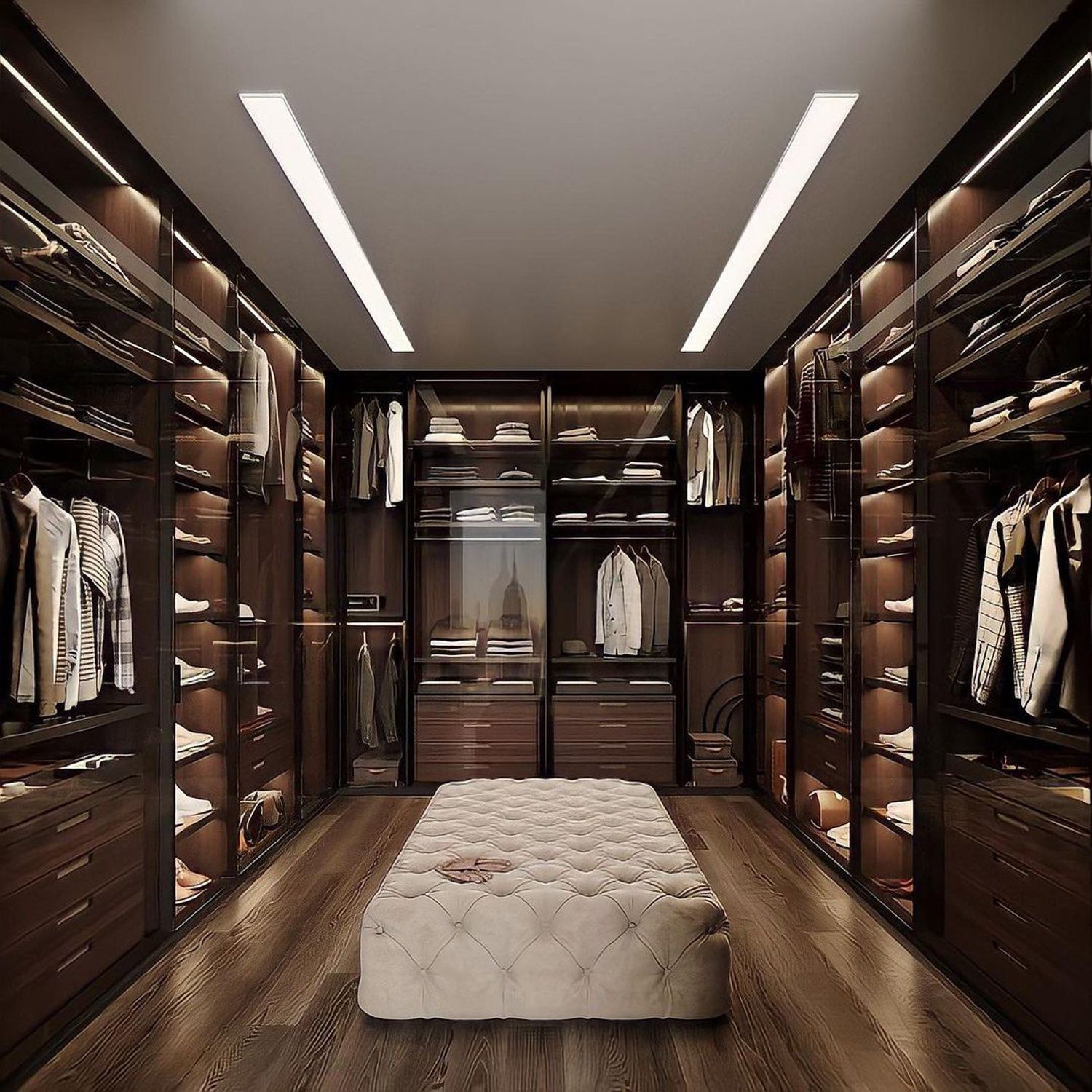 Elegant and modern walk-in closet with LED lighting