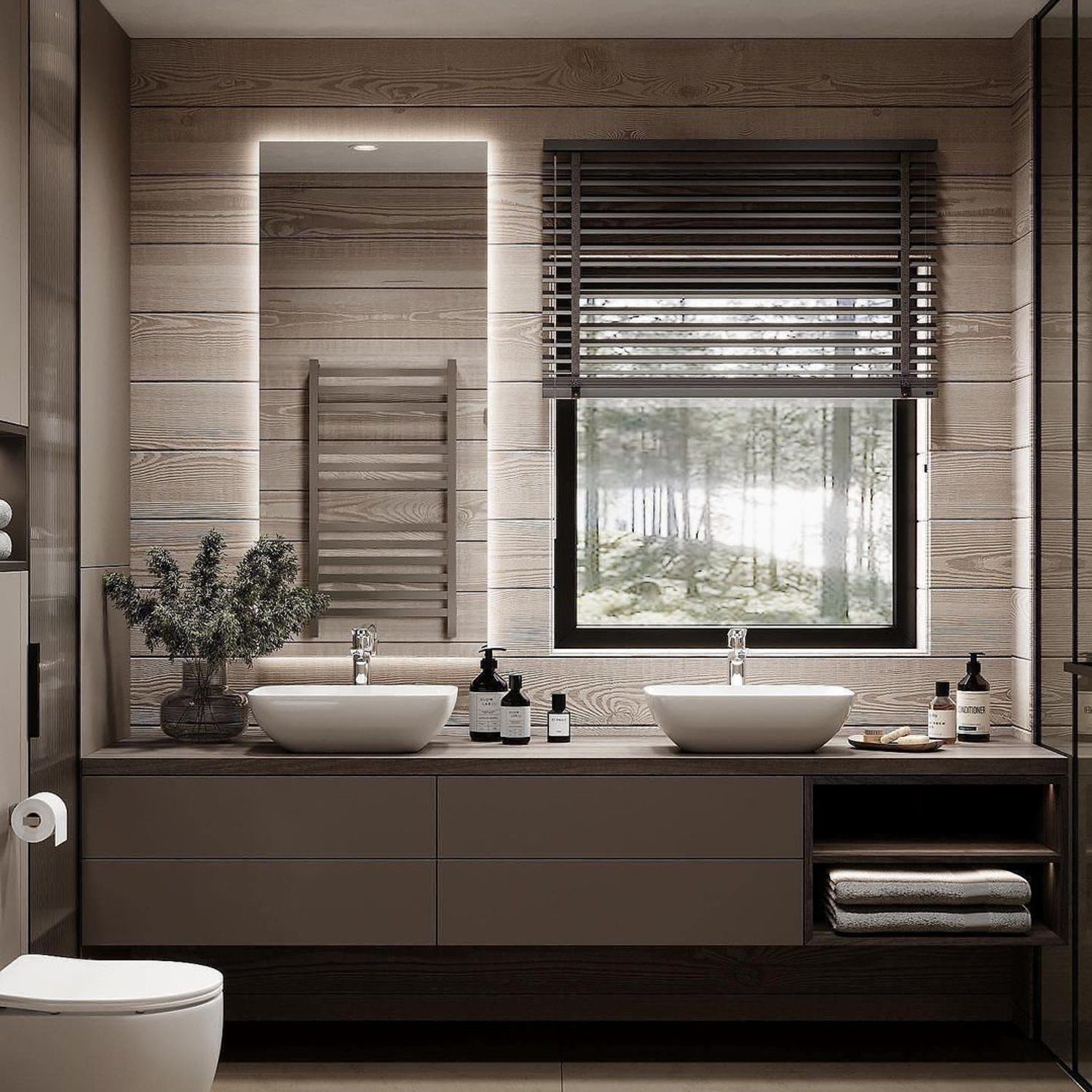 A modern bathroom with a view of the forest