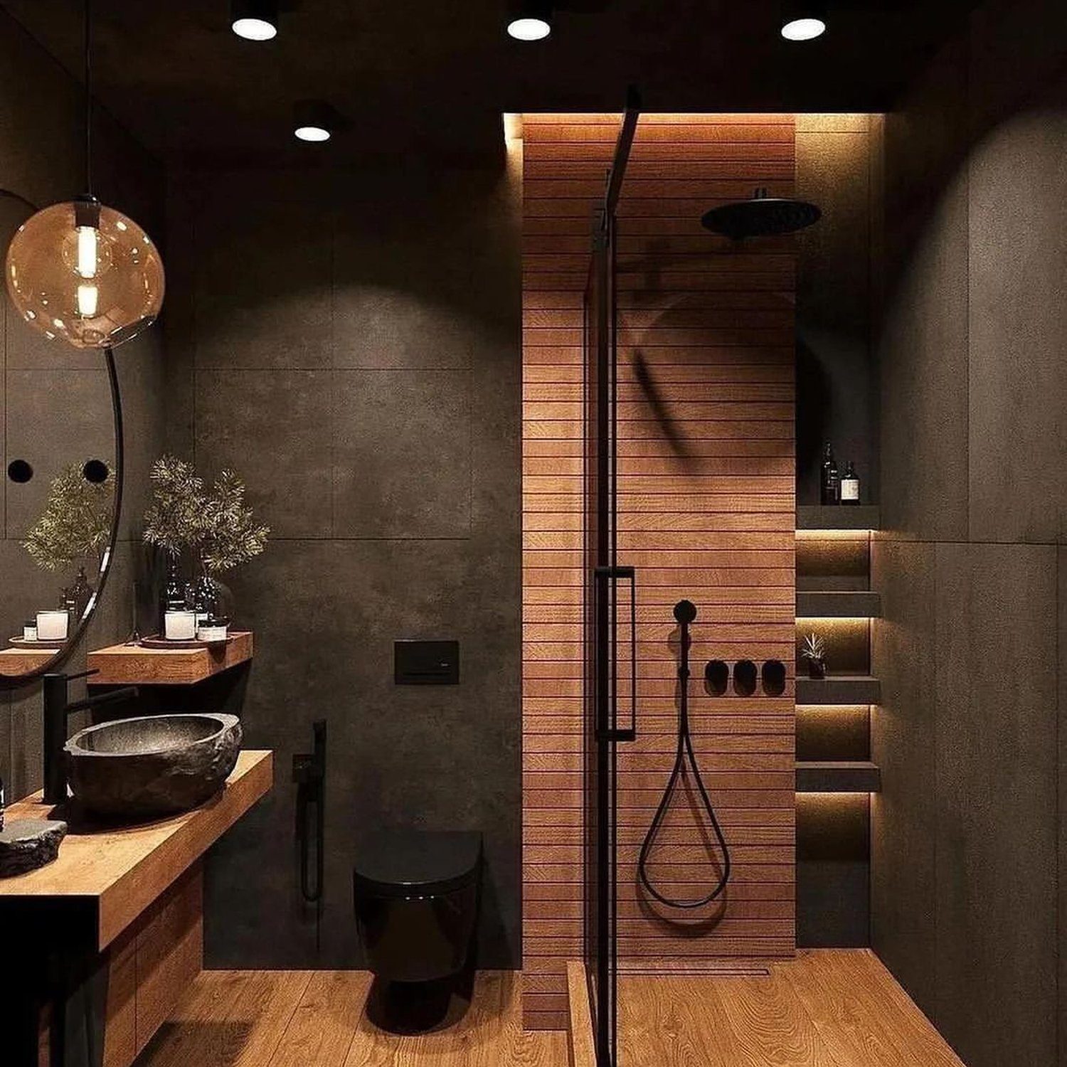 Modern minimalist bathroom with warm wood accents