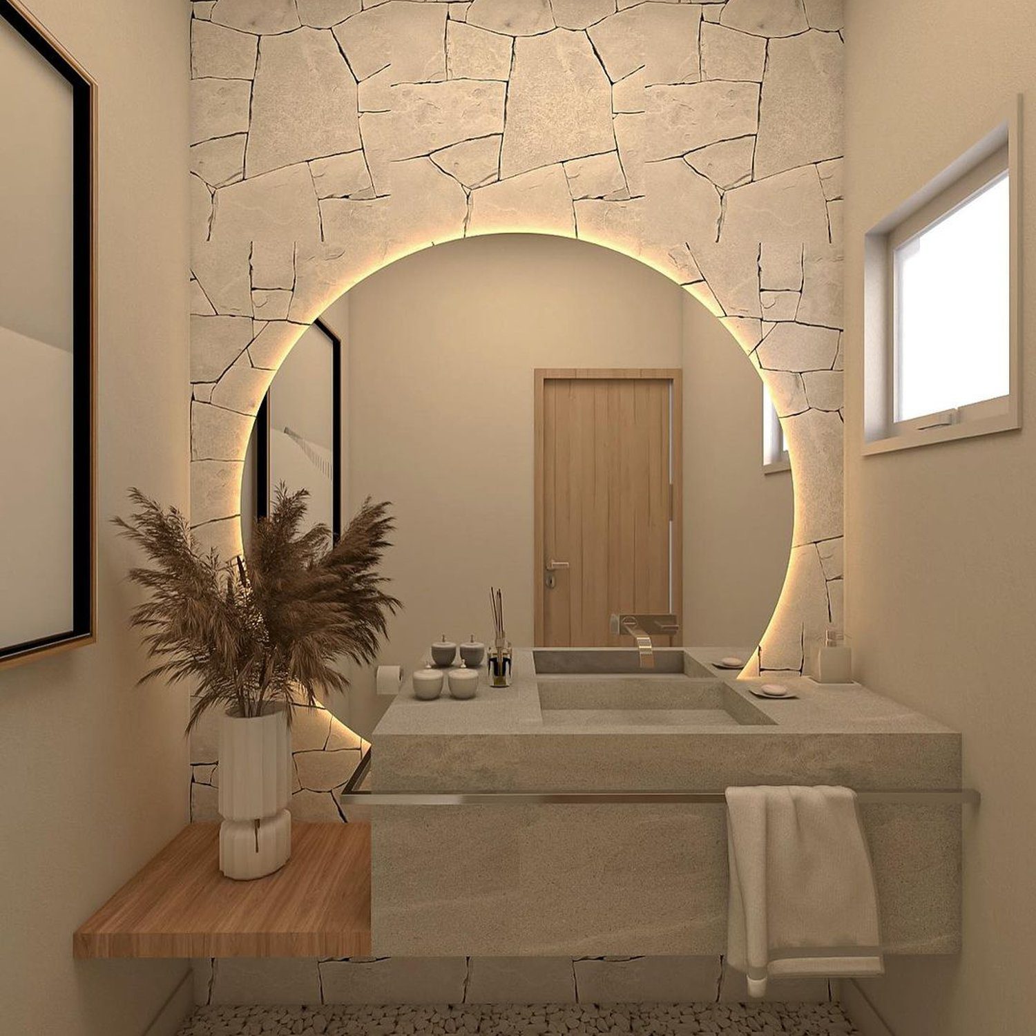 Contemporary bathroom with illuminated archway