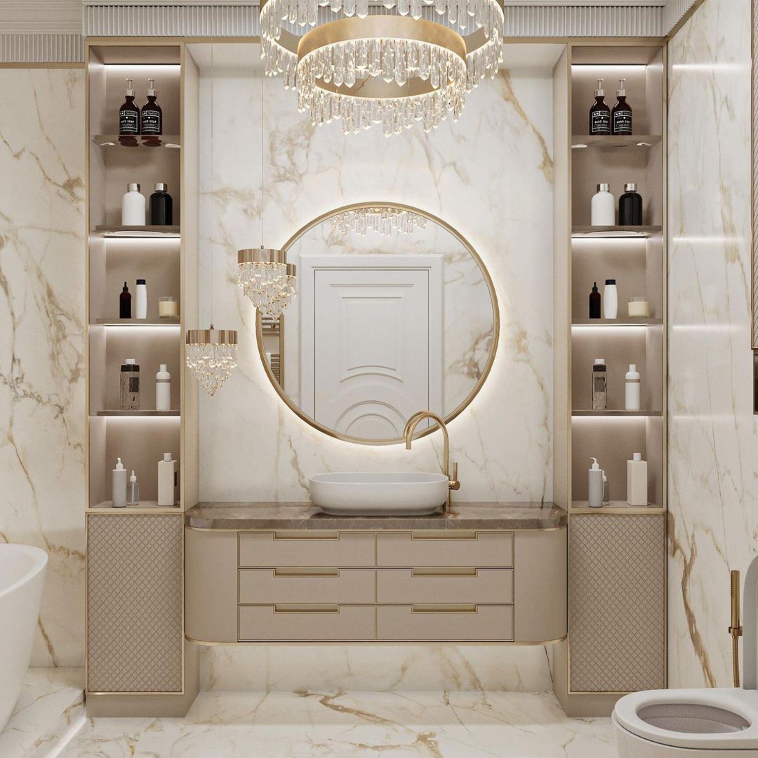 Luxurious marble bathroom with gold accents