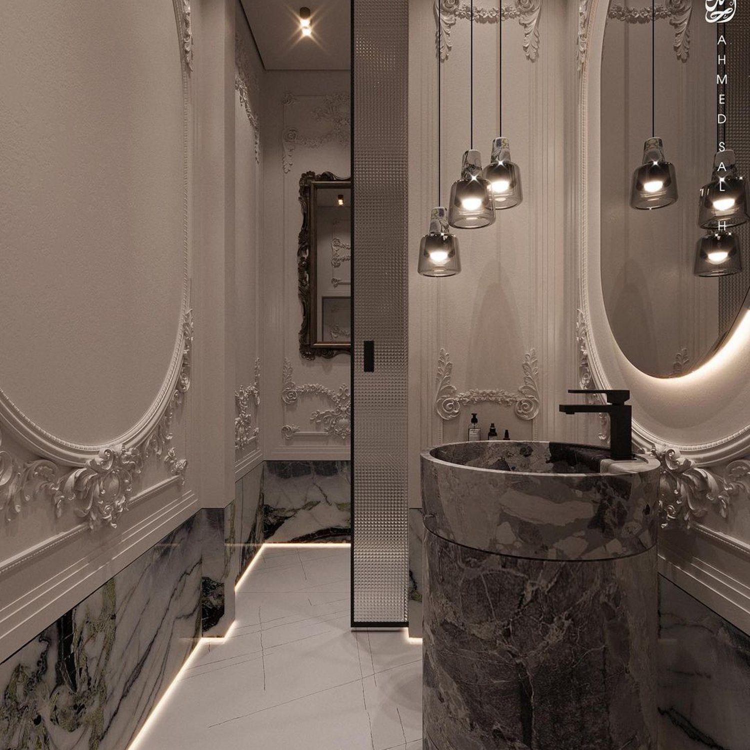 A luxurious bathroom with intricate detailing