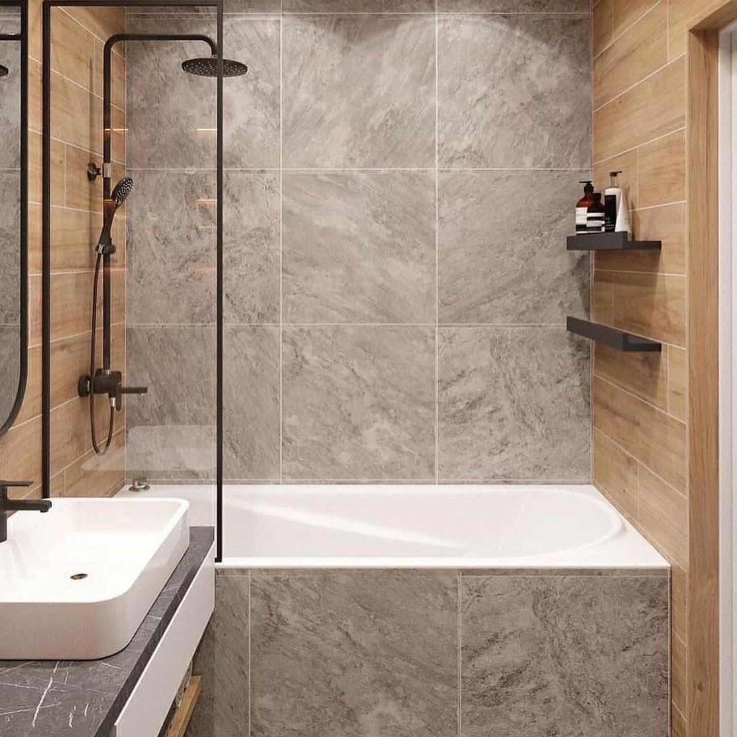 Modern sleek bathroom with mixed textures and finishes