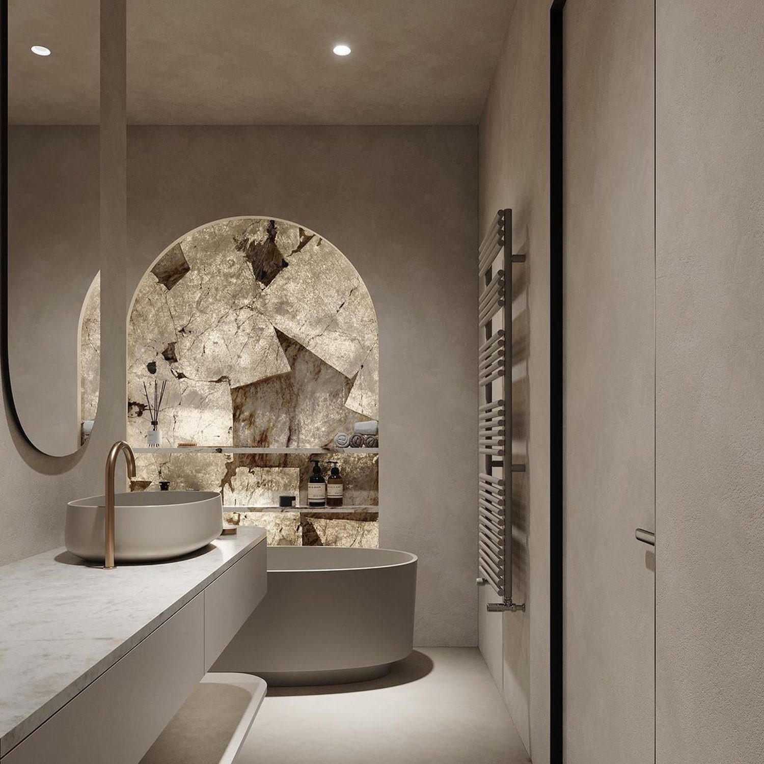 A sophisticated bathroom with a blend of modern and natural elements