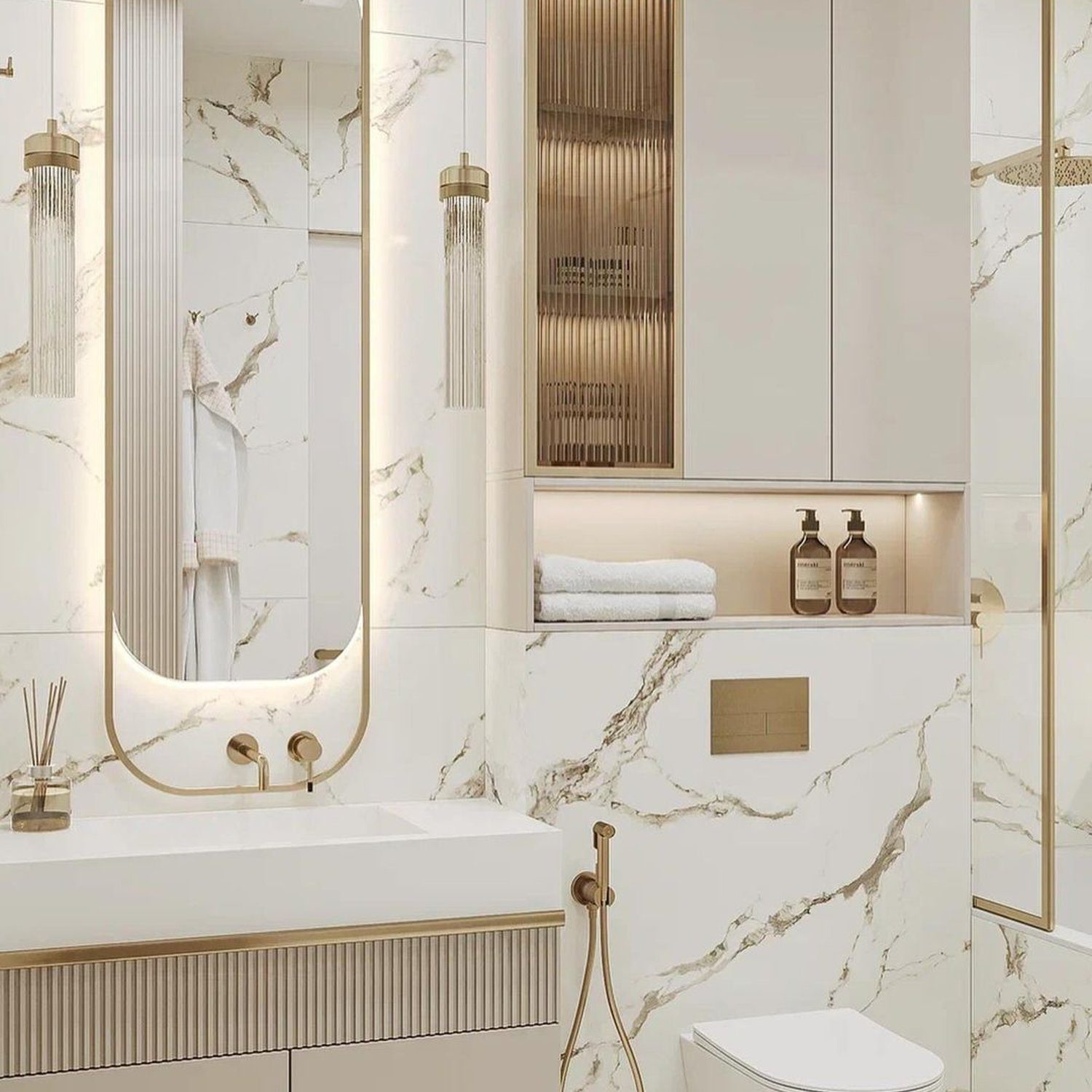 Luxurious white and gold bathroom with marble tiles