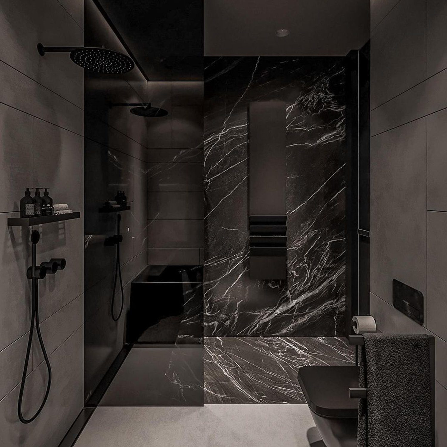 Luxurious modern bathroom with dark tones and marble accents