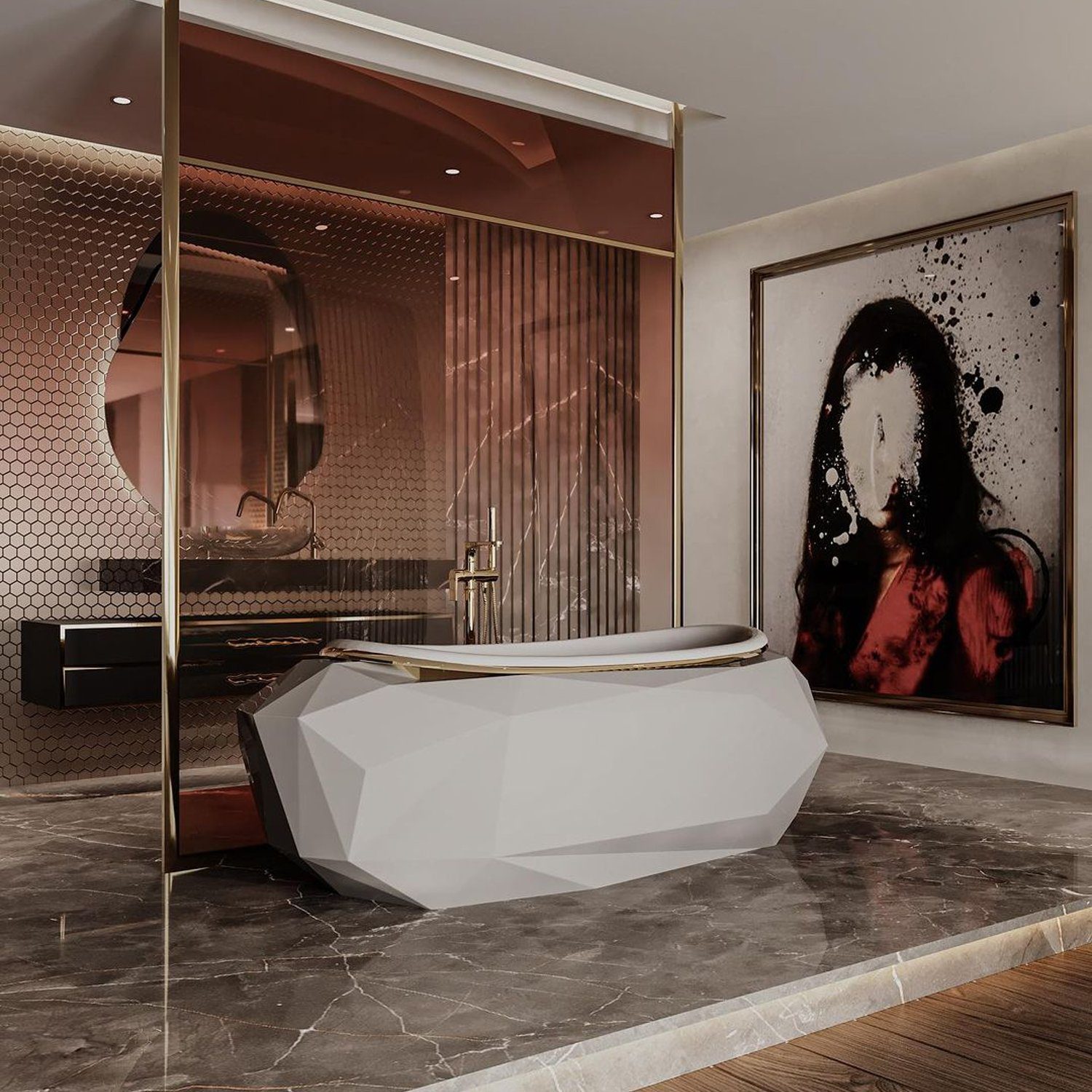 Luxurious geometric bathroom with artistic flair