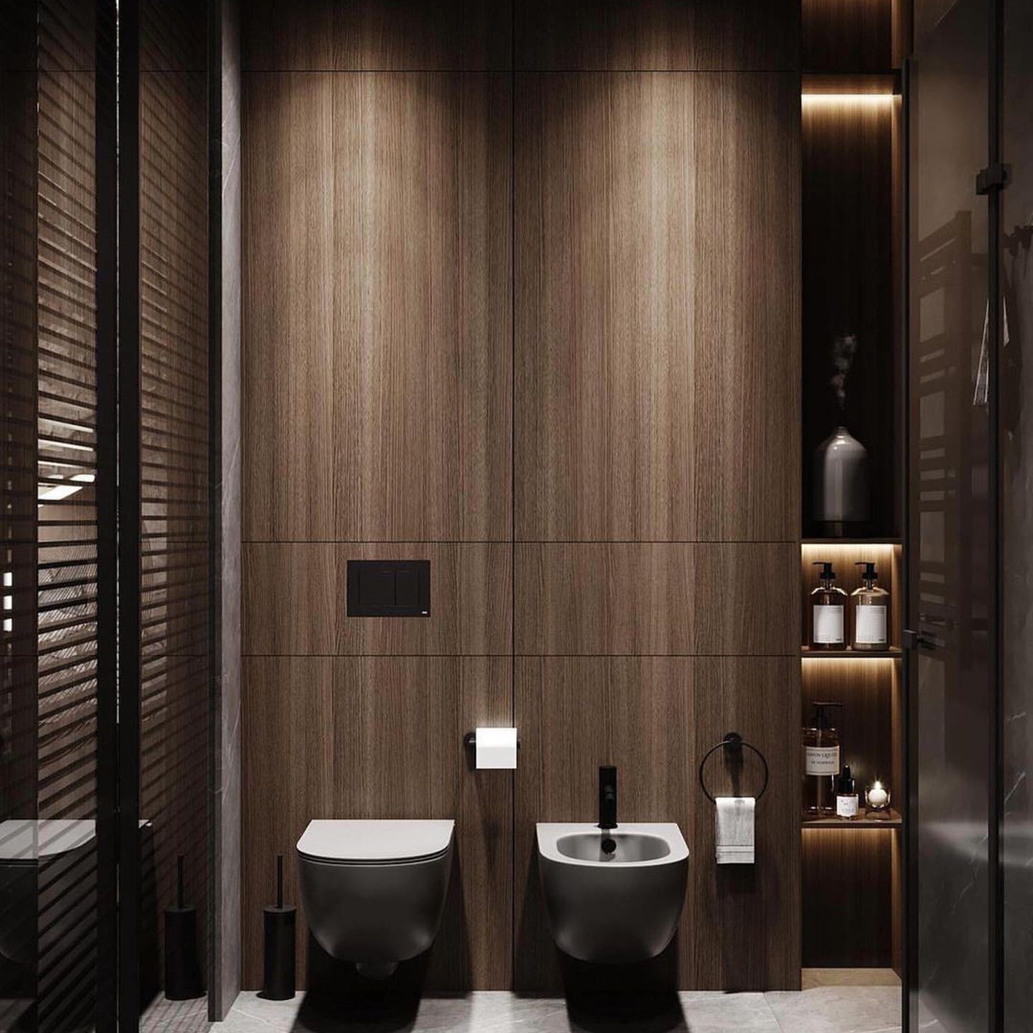 A sleek and modern bathroom with dark fixtures