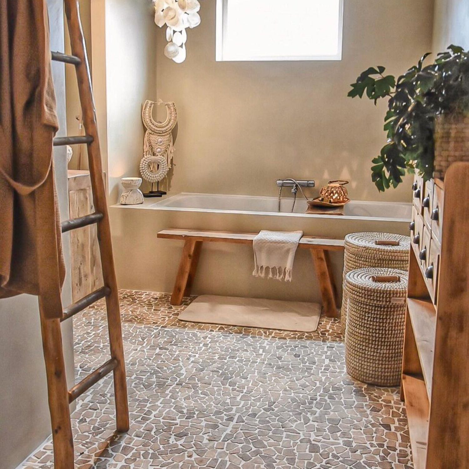 A tranquil bathroom space boasting a natural color palette