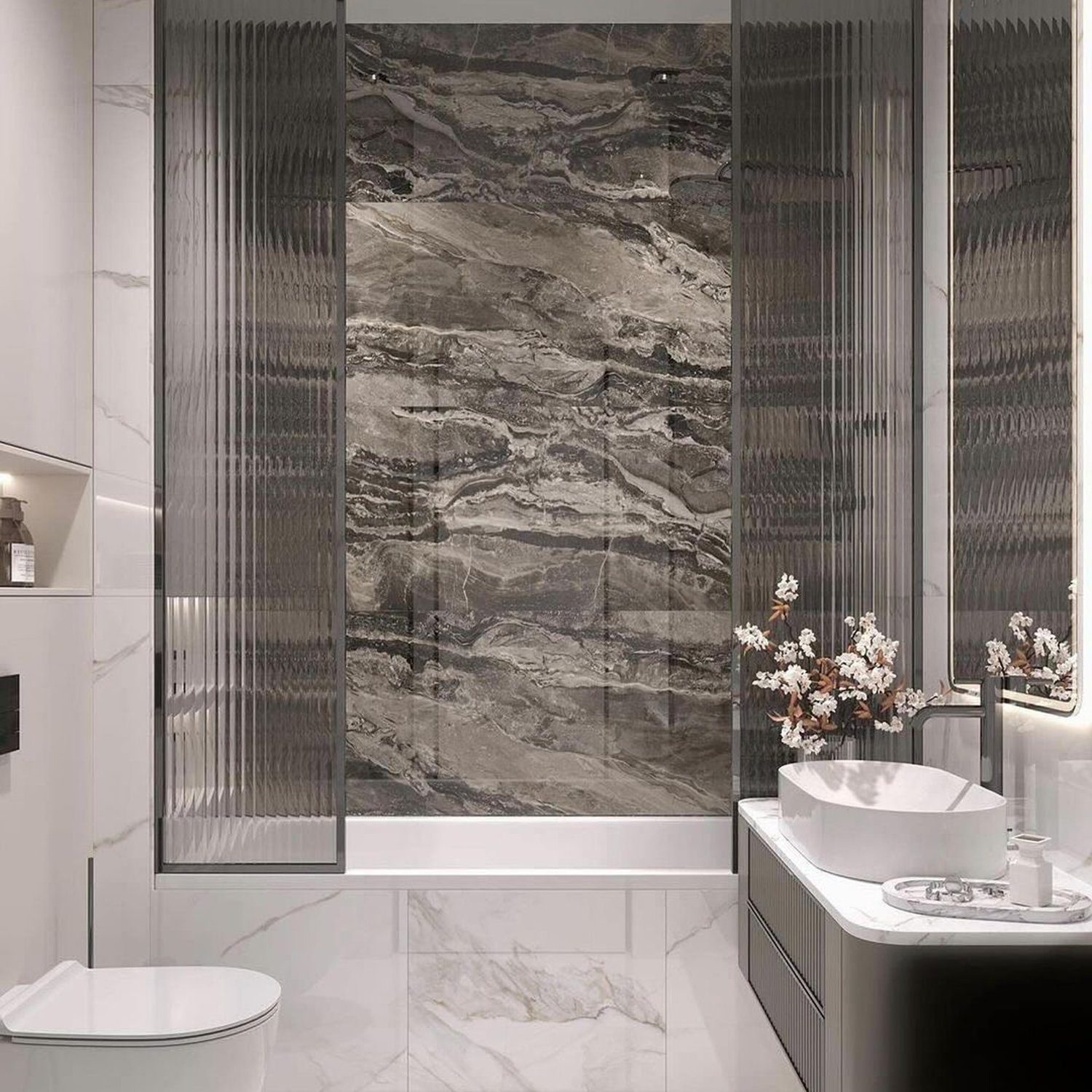 Elegant modern bathroom with striking marble features